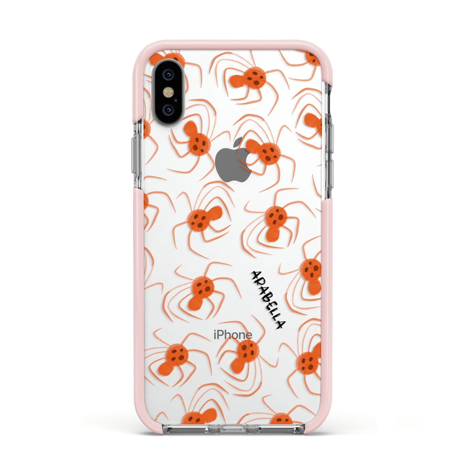 Orange Spiders Personalised Apple iPhone Xs Impact Case Pink Edge on Silver Phone