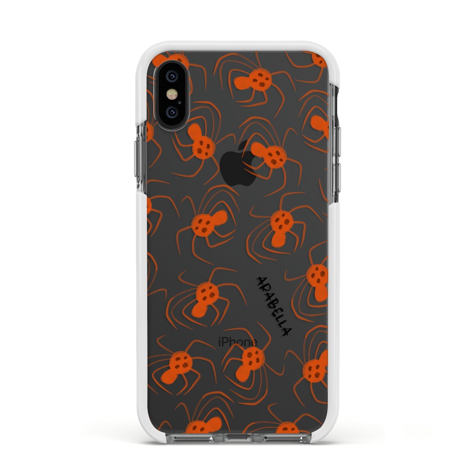 Orange Spiders Personalised Apple iPhone Xs Impact Case White Edge on Black Phone