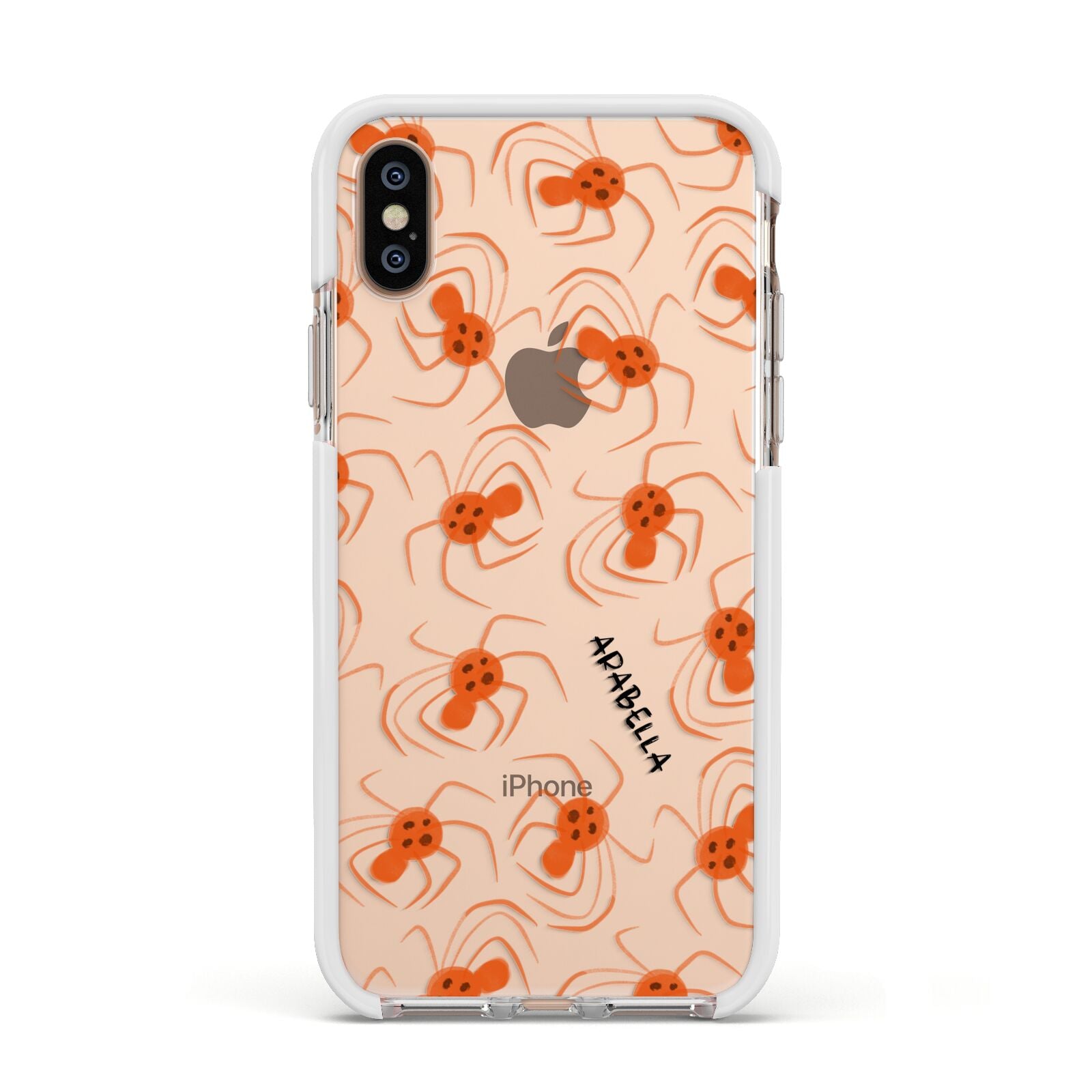 Orange Spiders Personalised Apple iPhone Xs Impact Case White Edge on Gold Phone