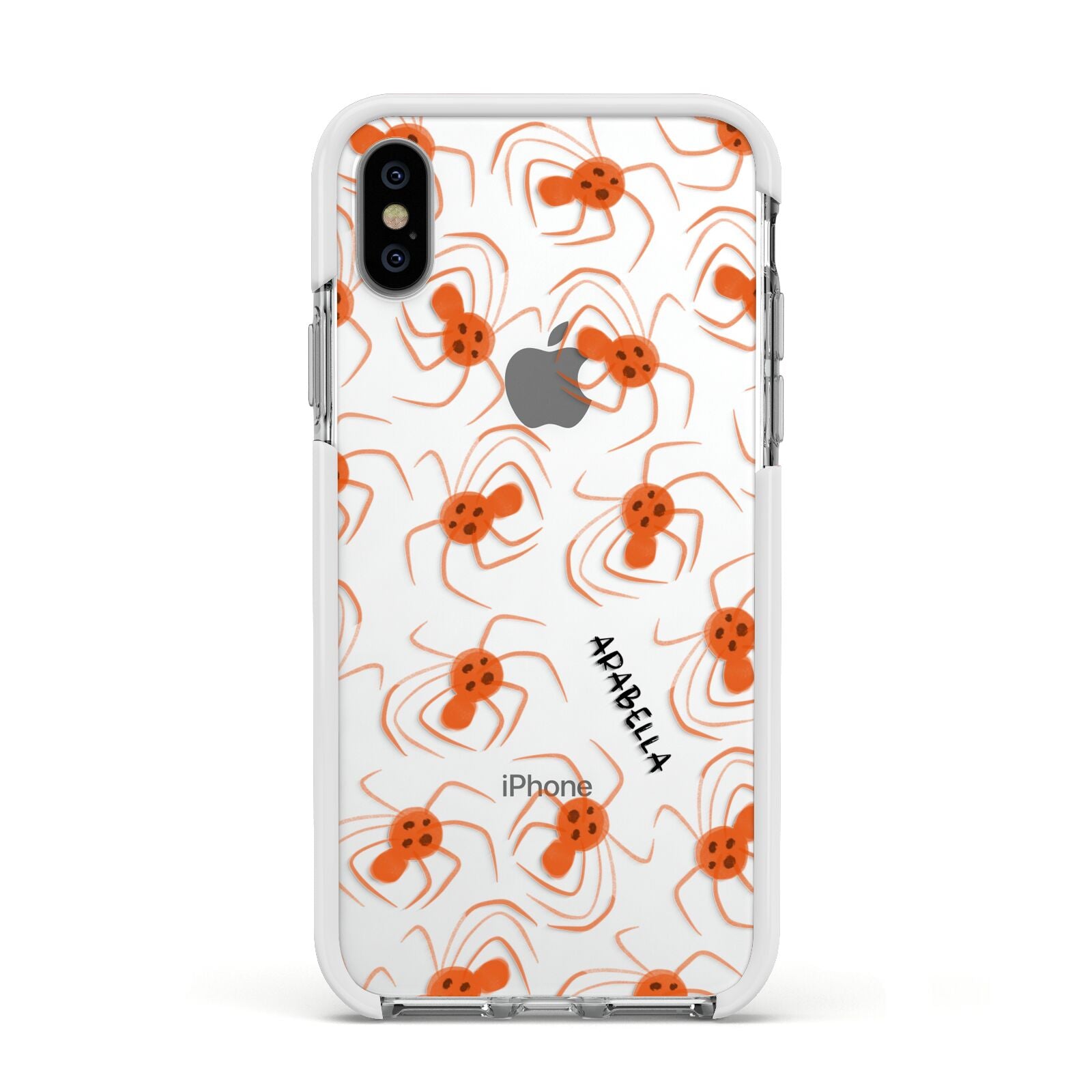 Orange Spiders Personalised Apple iPhone Xs Impact Case White Edge on Silver Phone