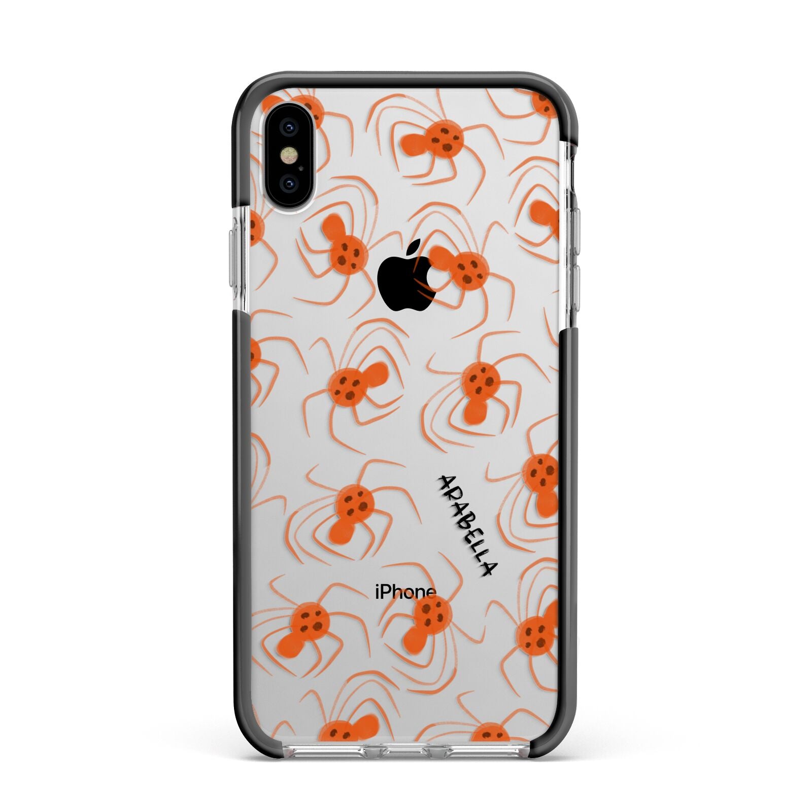 Orange Spiders Personalised Apple iPhone Xs Max Impact Case Black Edge on Silver Phone