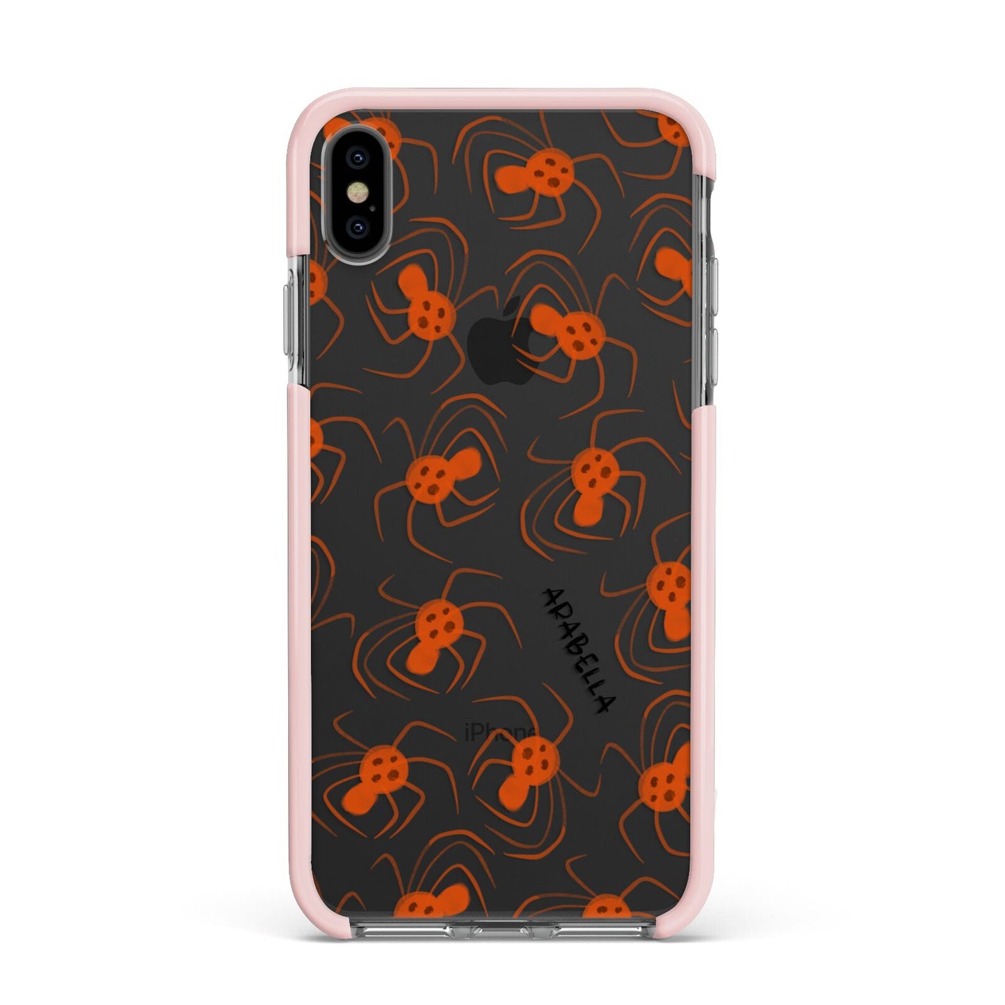 Orange Spiders Personalised Apple iPhone Xs Max Impact Case Pink Edge on Black Phone