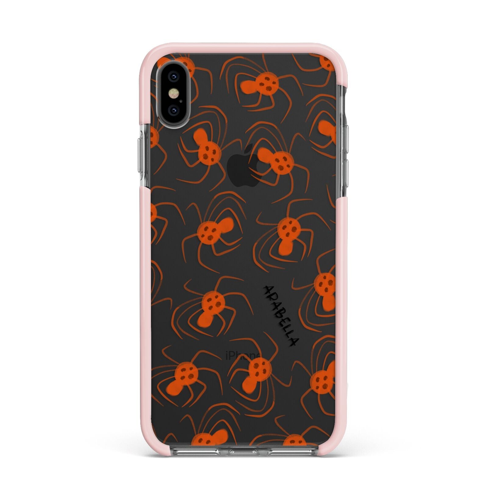 Orange Spiders Personalised Apple iPhone Xs Max Impact Case Pink Edge on Black Phone