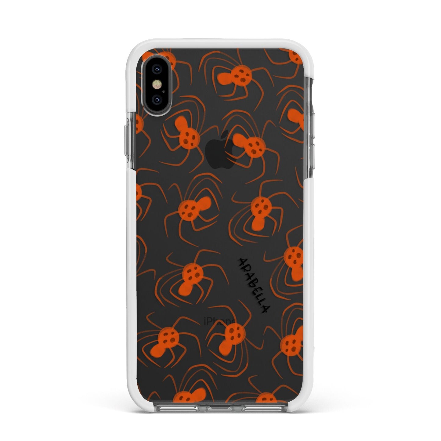 Orange Spiders Personalised Apple iPhone Xs Max Impact Case White Edge on Black Phone