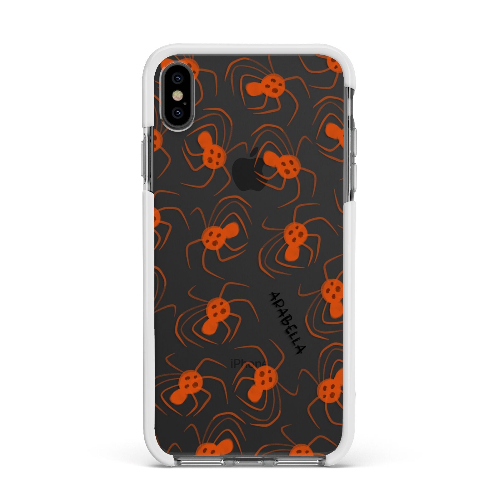 Orange Spiders Personalised Apple iPhone Xs Max Impact Case White Edge on Black Phone