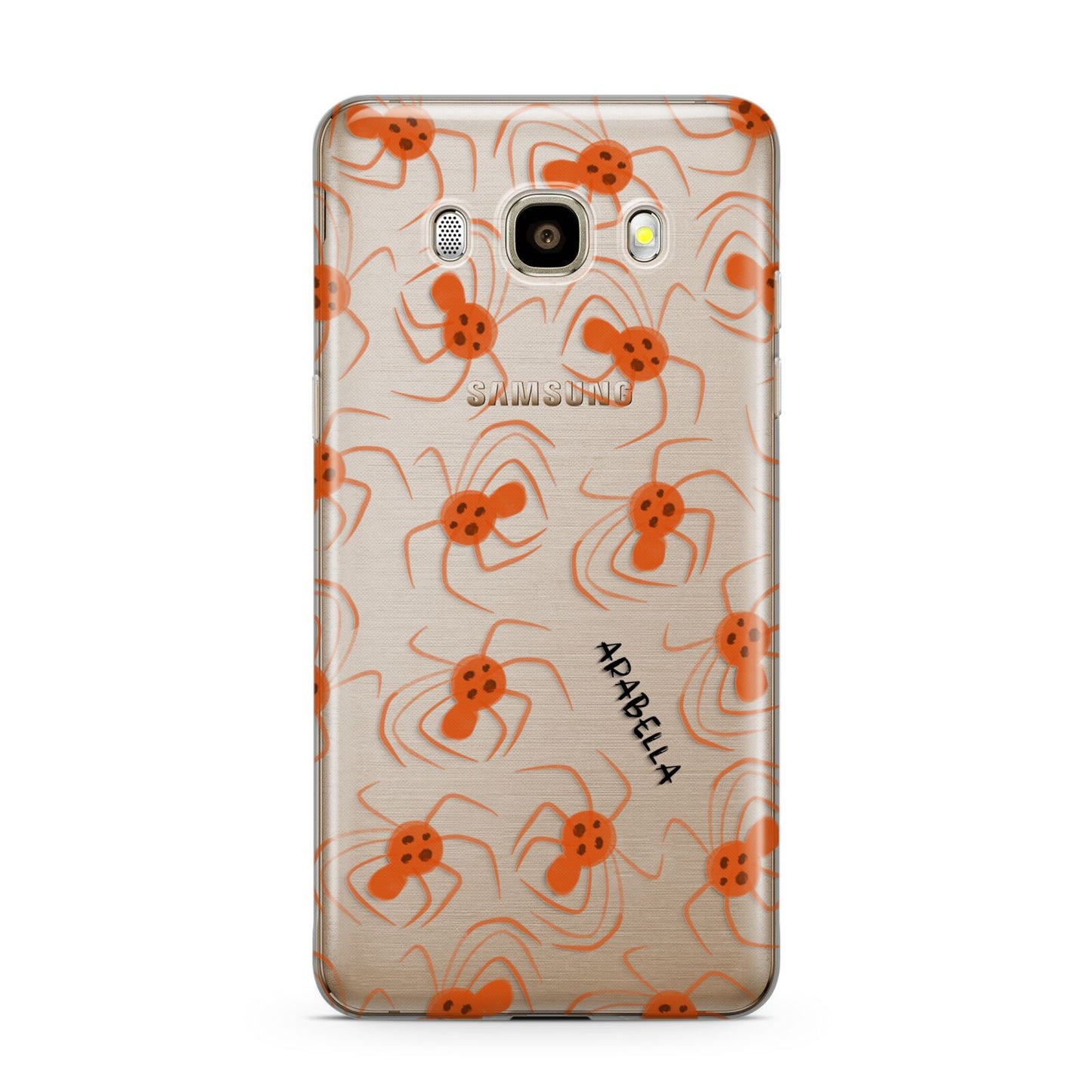 Orange Spiders Personalised Samsung Galaxy J7 2016 Case on gold phone