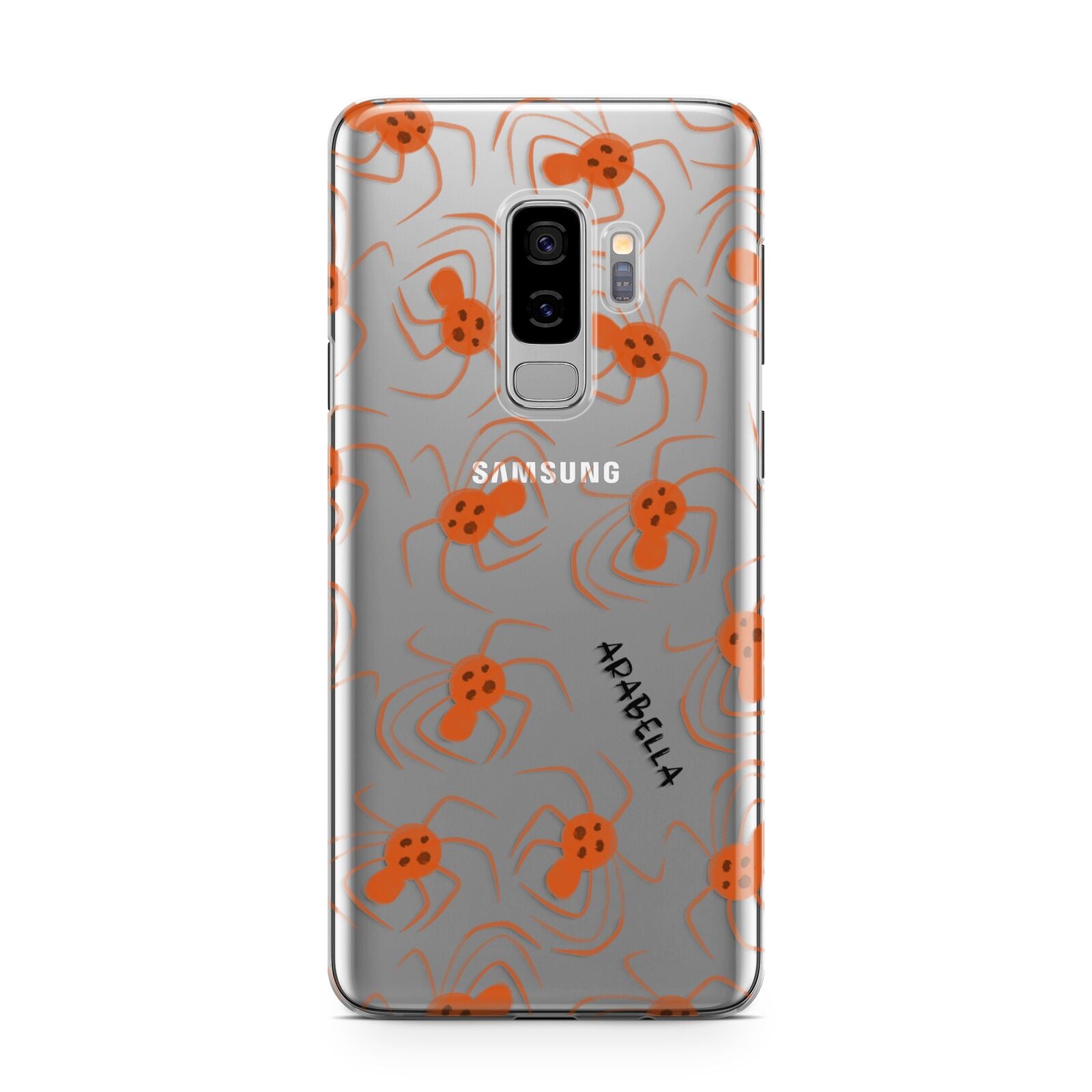 Orange Spiders Personalised Samsung Galaxy S9 Plus Case on Silver phone