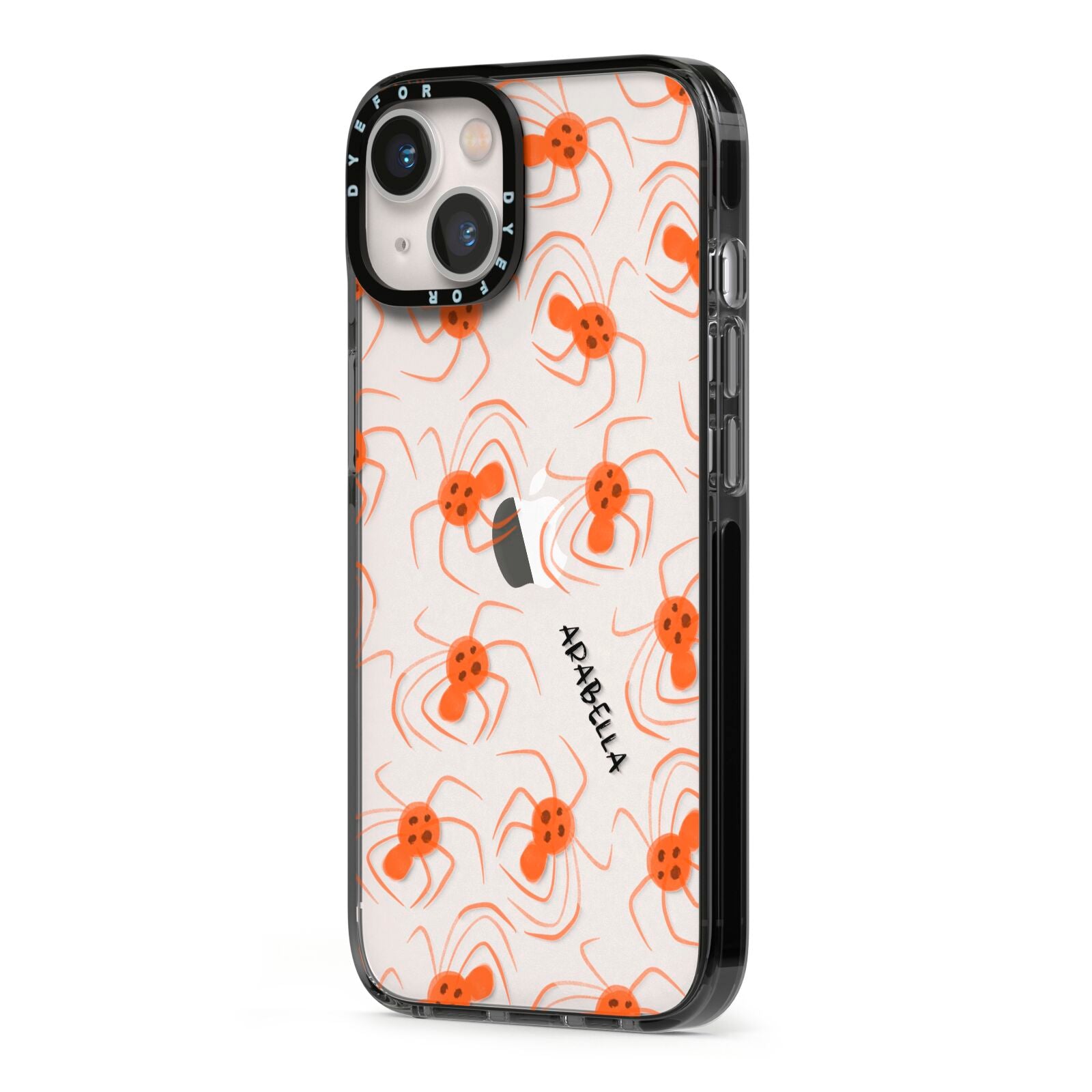 Orange Spiders Personalised iPhone 13 Black Impact Case Side Angle on Silver phone