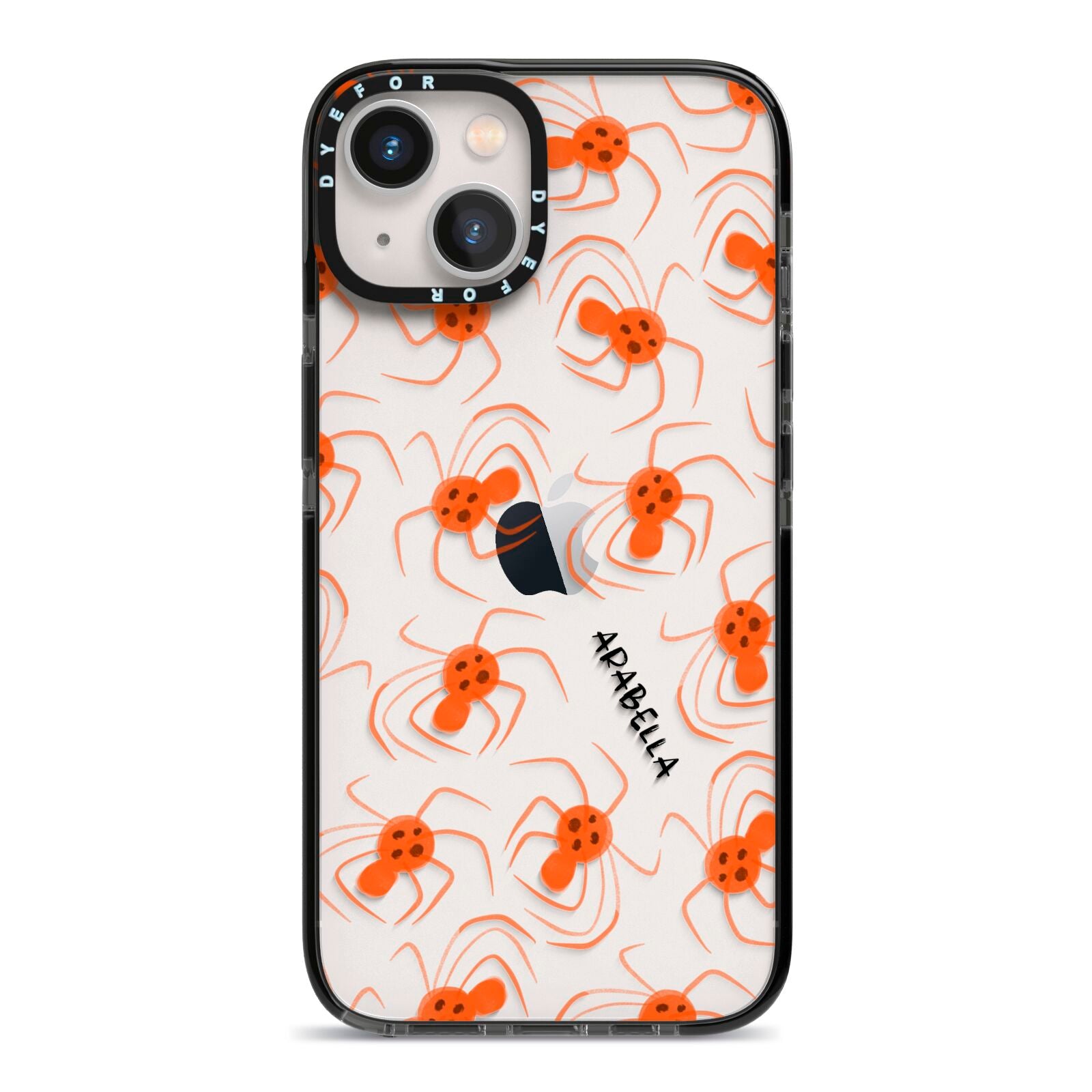 Orange Spiders Personalised iPhone 13 Black Impact Case on Silver phone