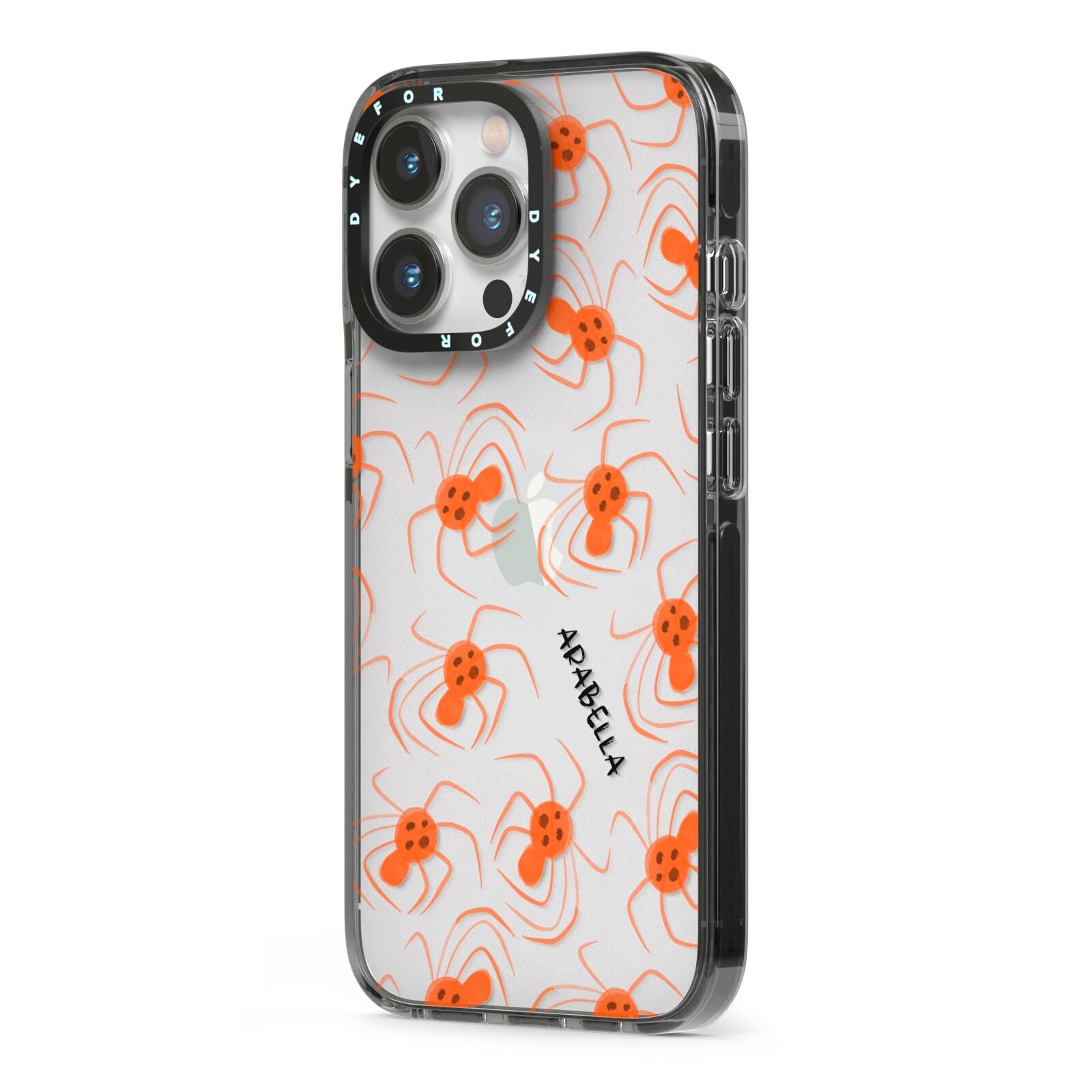 Orange Spiders Personalised iPhone 13 Pro Black Impact Case Side Angle on Silver phone