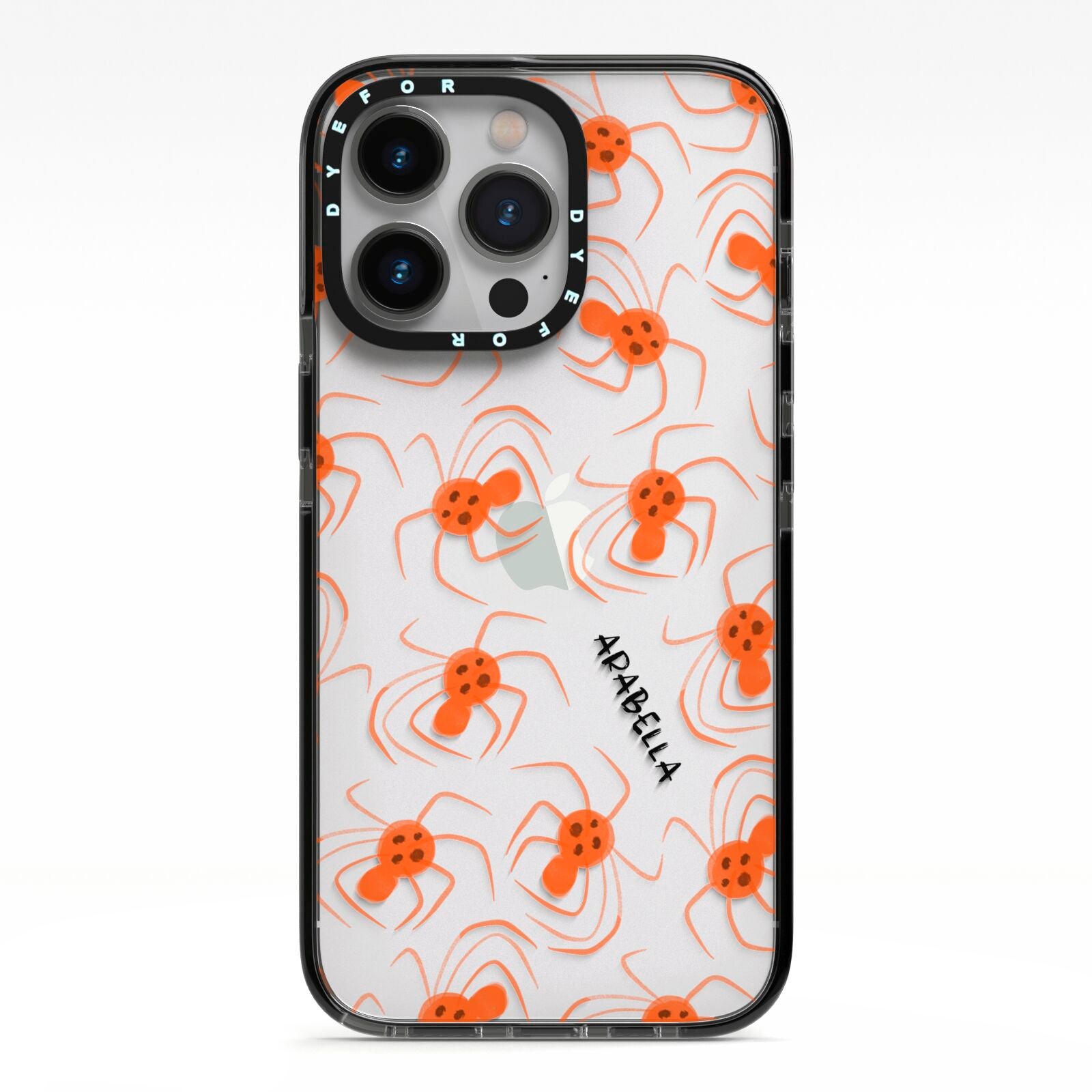 Orange Spiders Personalised iPhone 13 Pro Black Impact Case on Silver phone