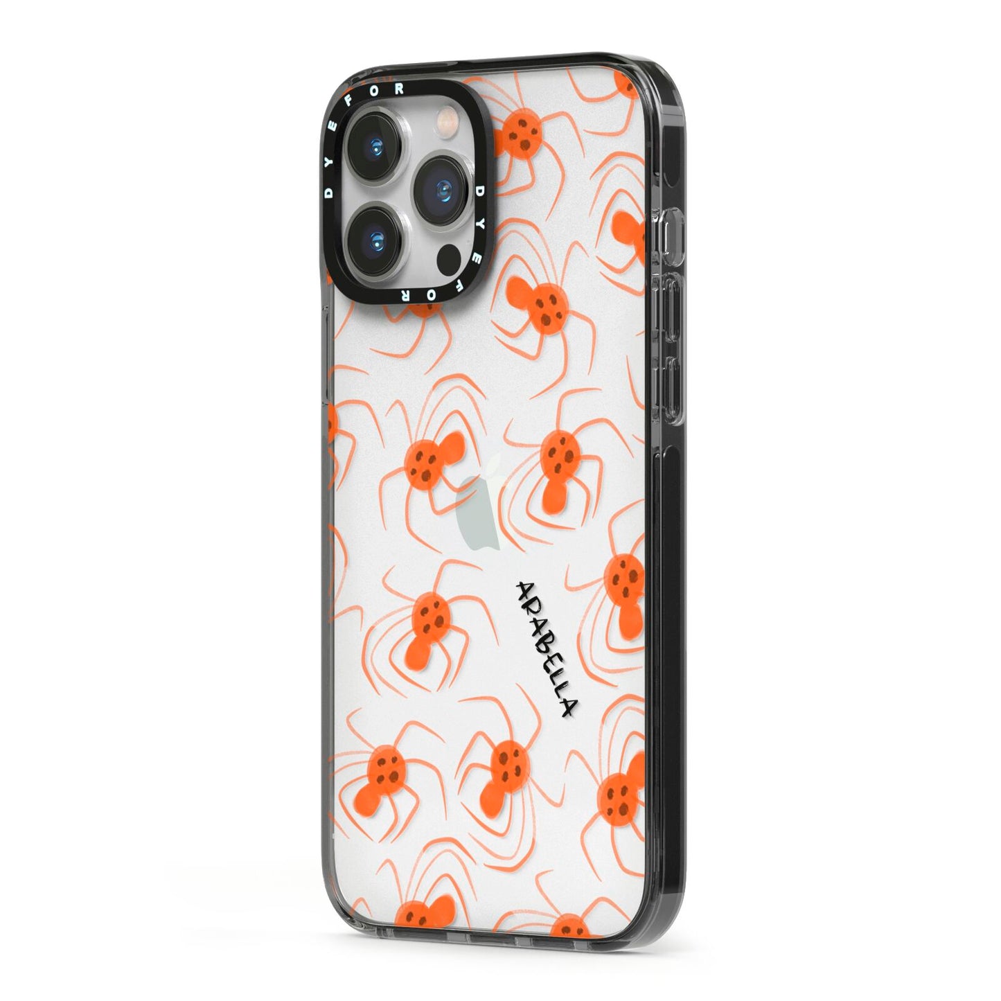 Orange Spiders Personalised iPhone 13 Pro Max Black Impact Case Side Angle on Silver phone