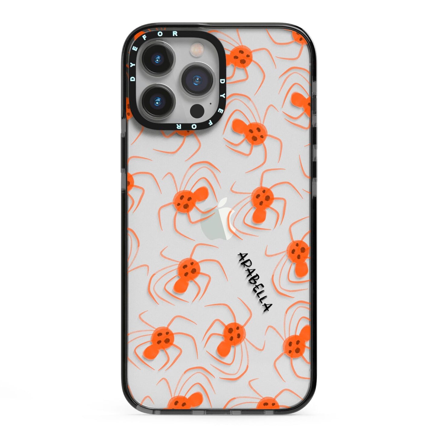 Orange Spiders Personalised iPhone 13 Pro Max Black Impact Case on Silver phone