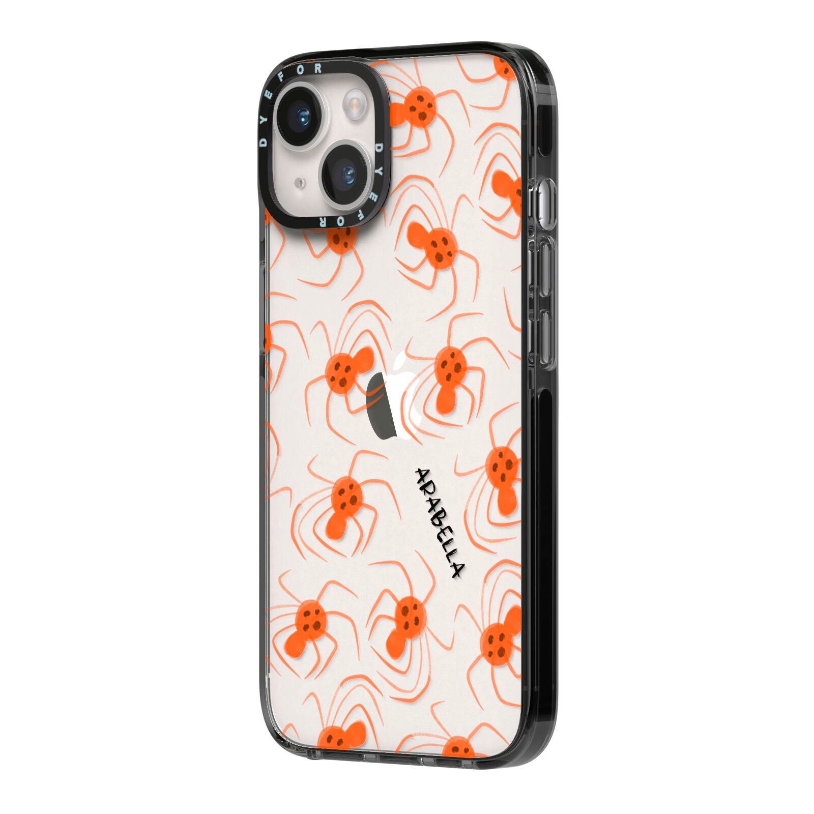 Orange Spiders Personalised iPhone 14 Black Impact Case Side Angle on Silver phone