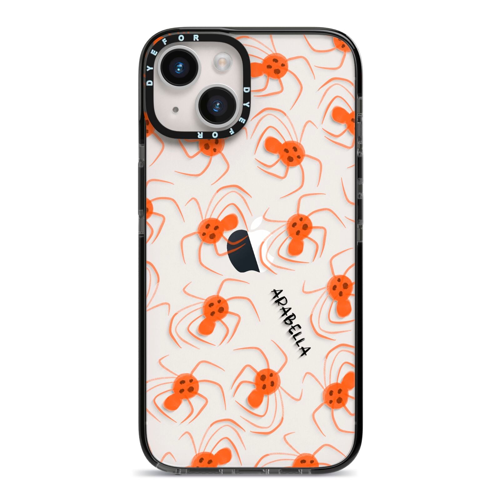 Orange Spiders Personalised iPhone 14 Black Impact Case on Silver phone