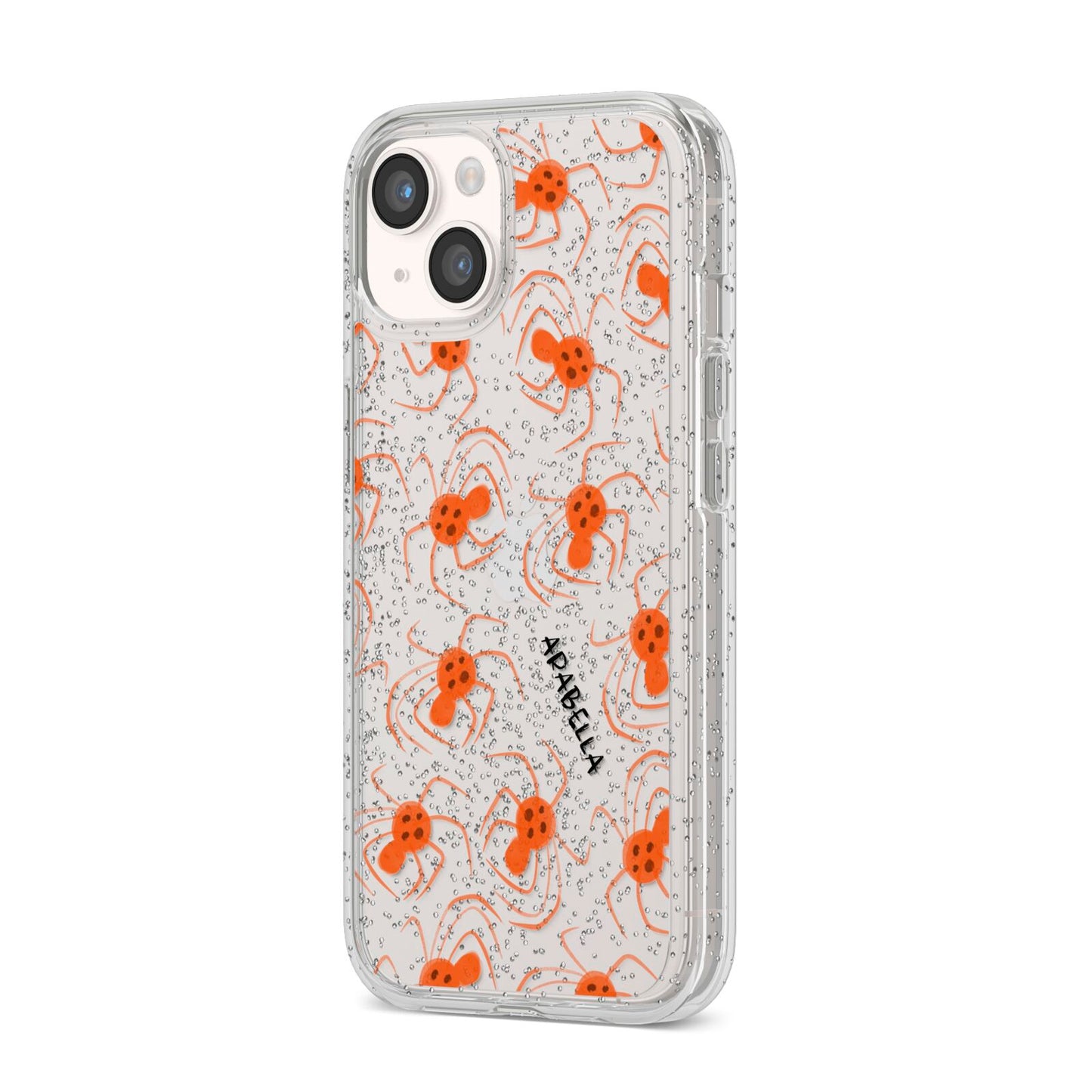 Orange Spiders Personalised iPhone 14 Glitter Tough Case Starlight Angled Image