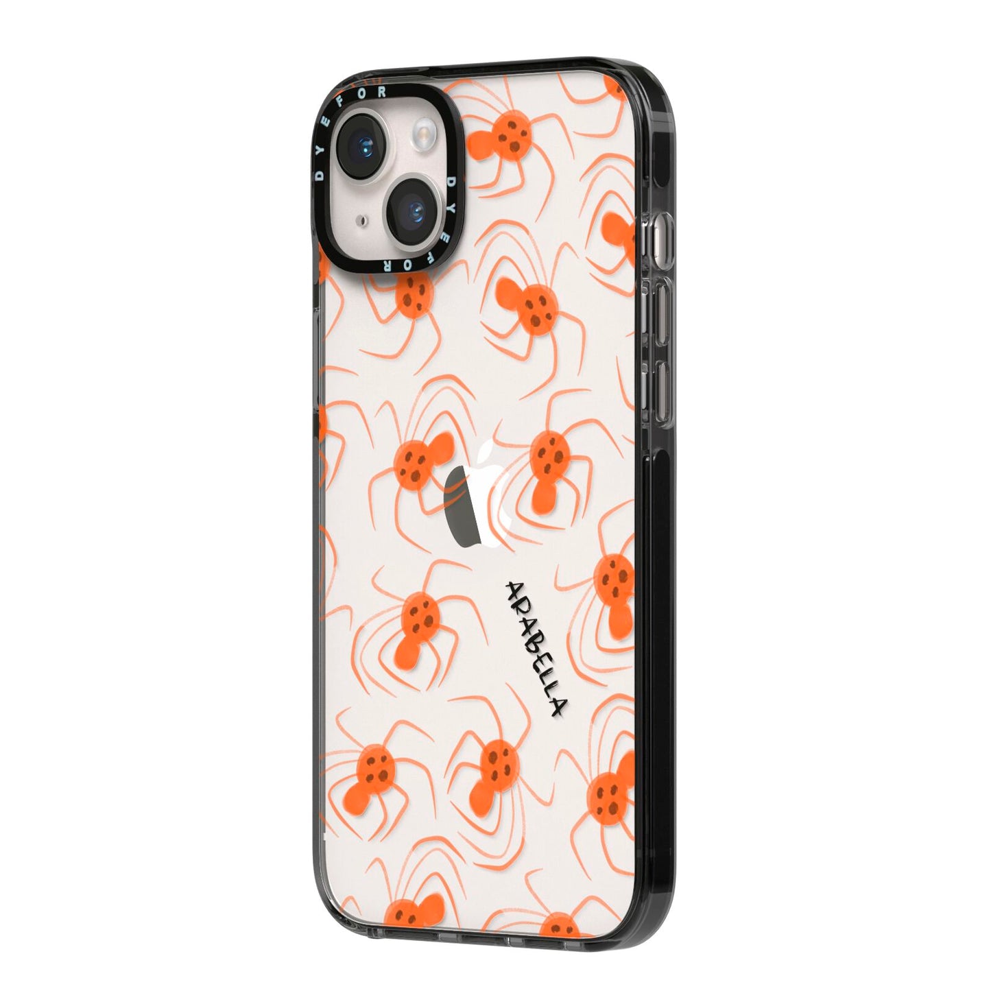 Orange Spiders Personalised iPhone 14 Plus Black Impact Case Side Angle on Silver phone