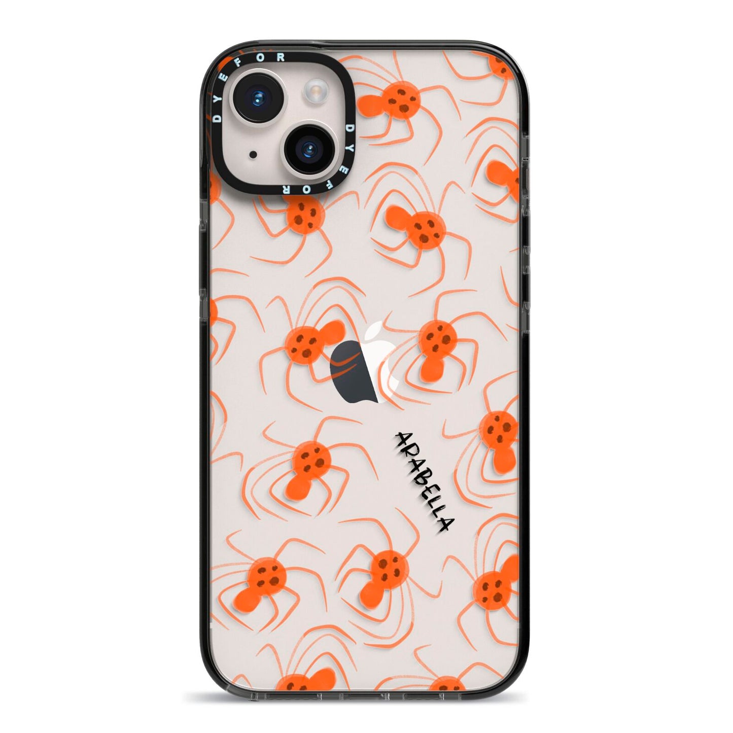 Orange Spiders Personalised iPhone 14 Plus Black Impact Case on Silver phone