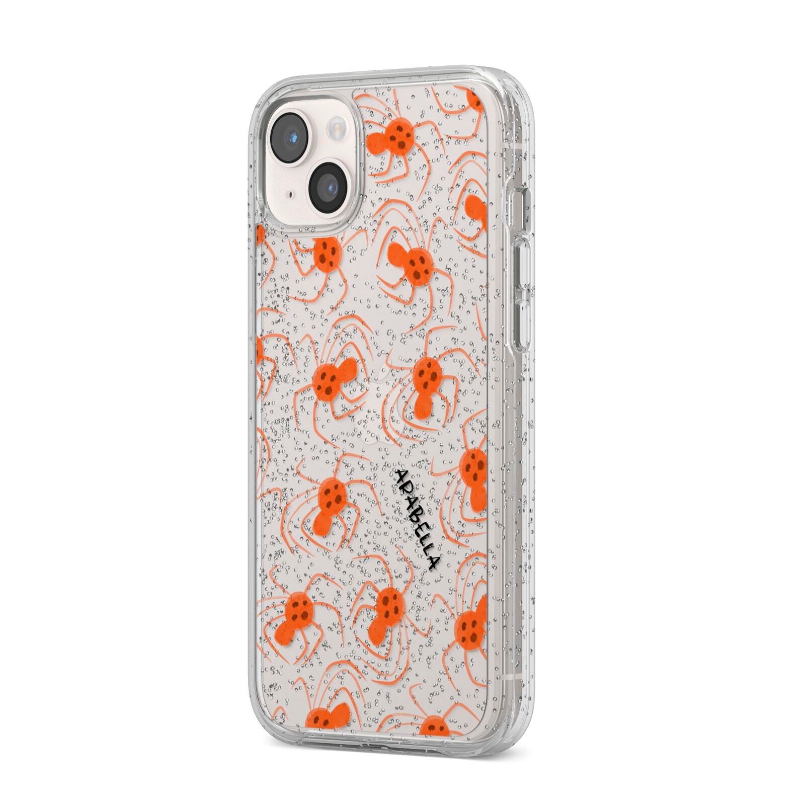 Orange Spiders Personalised iPhone 14 Plus Glitter Tough Case Starlight Angled Image