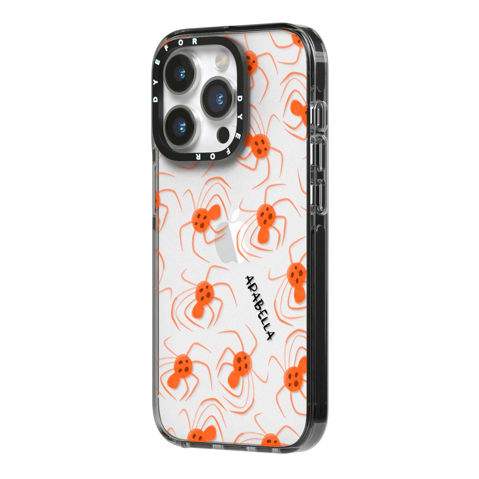 Orange Spiders Personalised iPhone 14 Pro Black Impact Case Side Angle on Silver phone