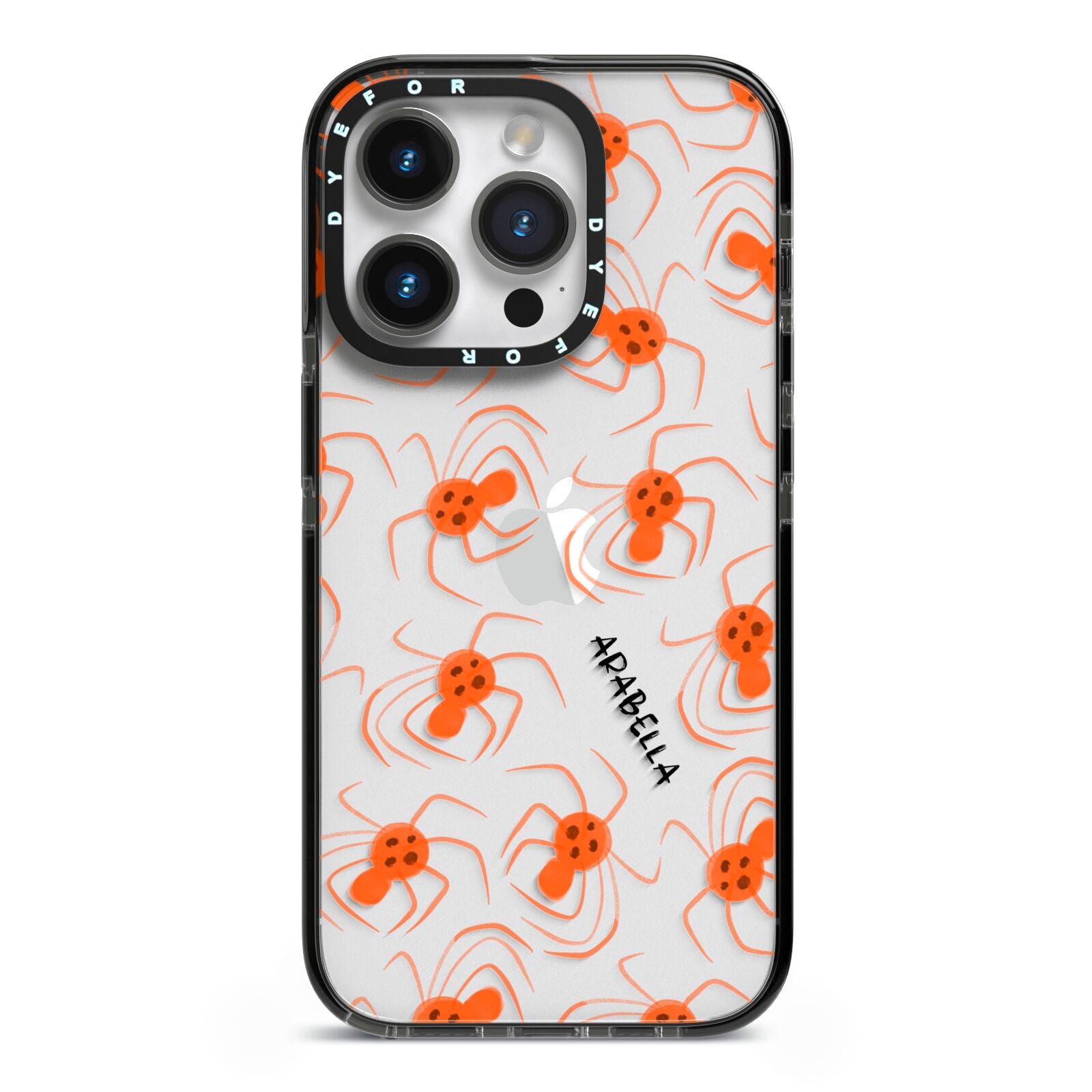 Orange Spiders Personalised iPhone 14 Pro Black Impact Case on Silver phone