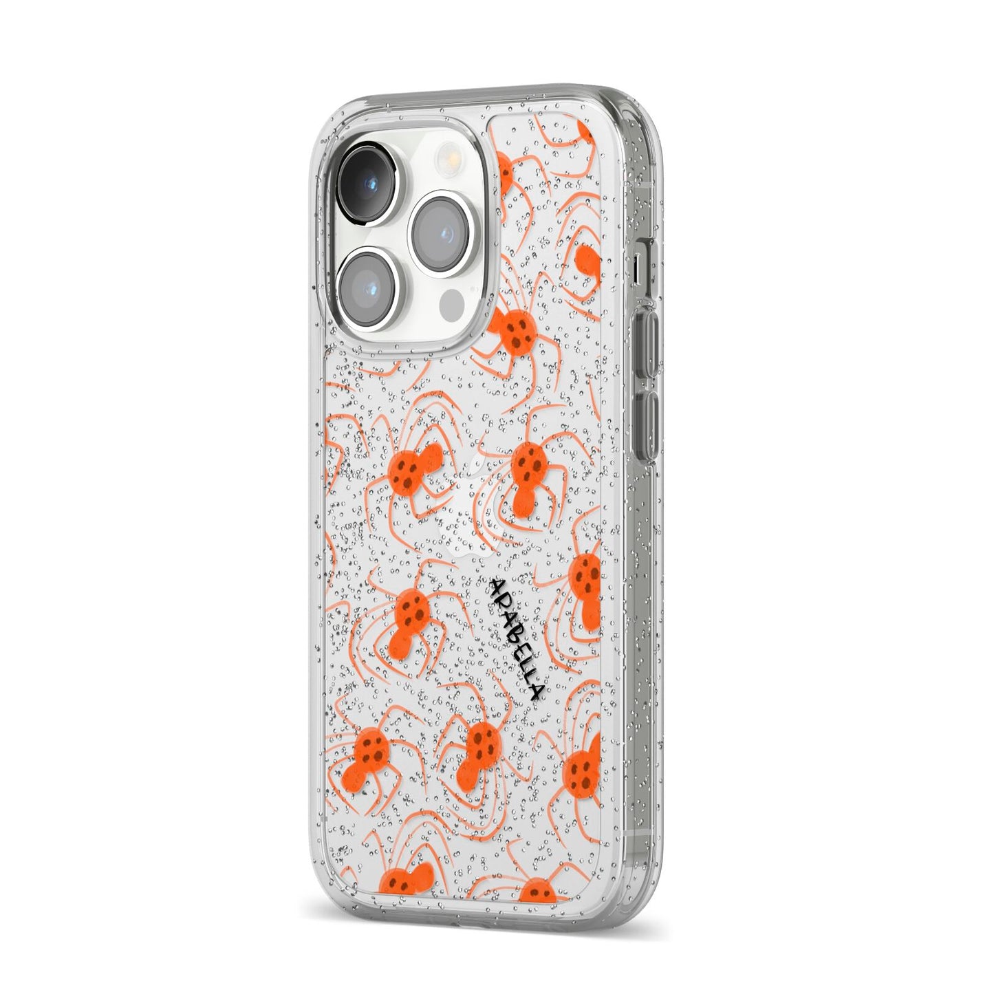 Orange Spiders Personalised iPhone 14 Pro Glitter Tough Case Silver Angled Image