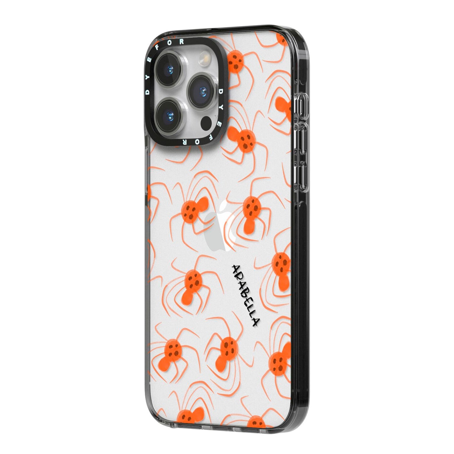 Orange Spiders Personalised iPhone 14 Pro Max Black Impact Case Side Angle on Silver phone