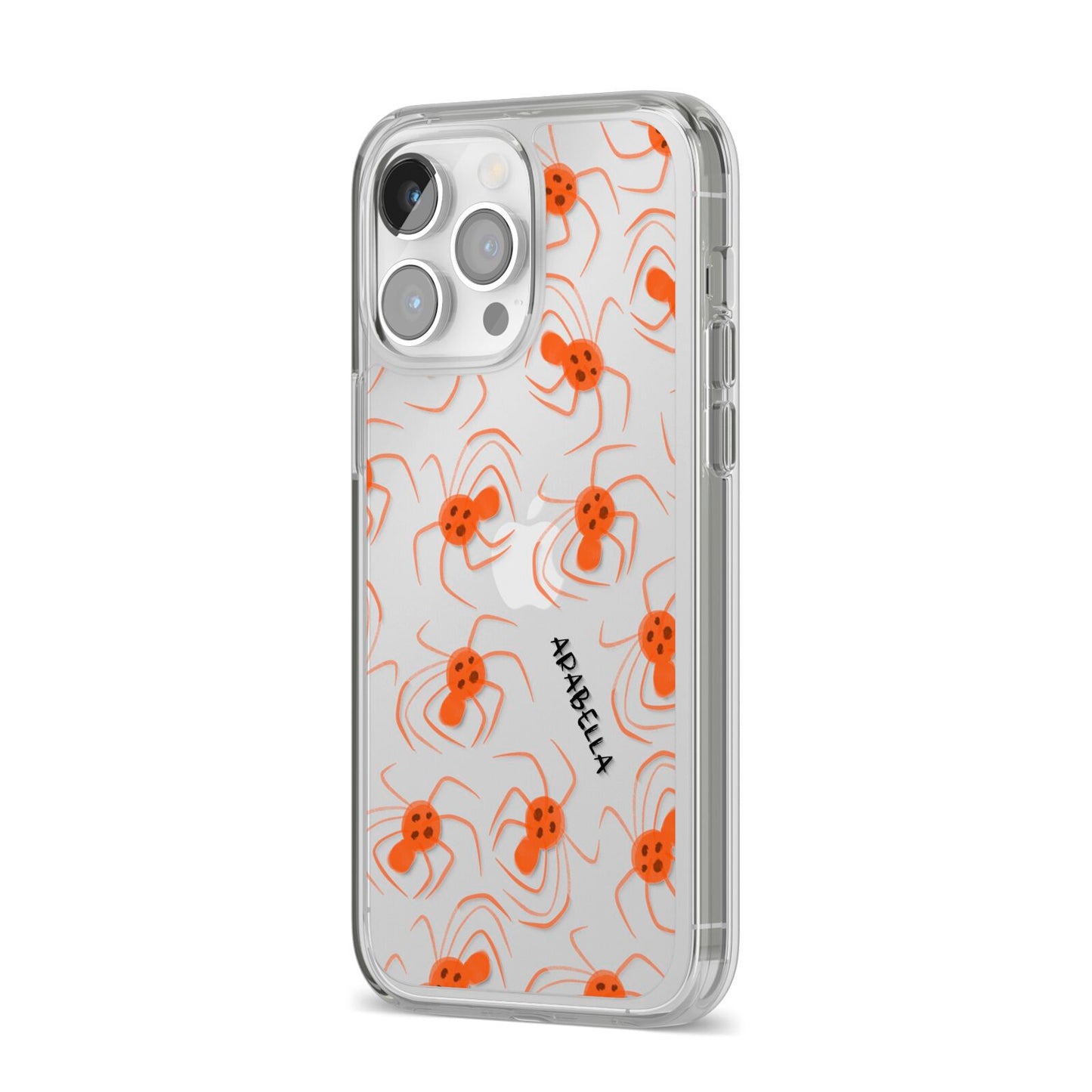 Orange Spiders Personalised iPhone 14 Pro Max Clear Tough Case Silver Angled Image