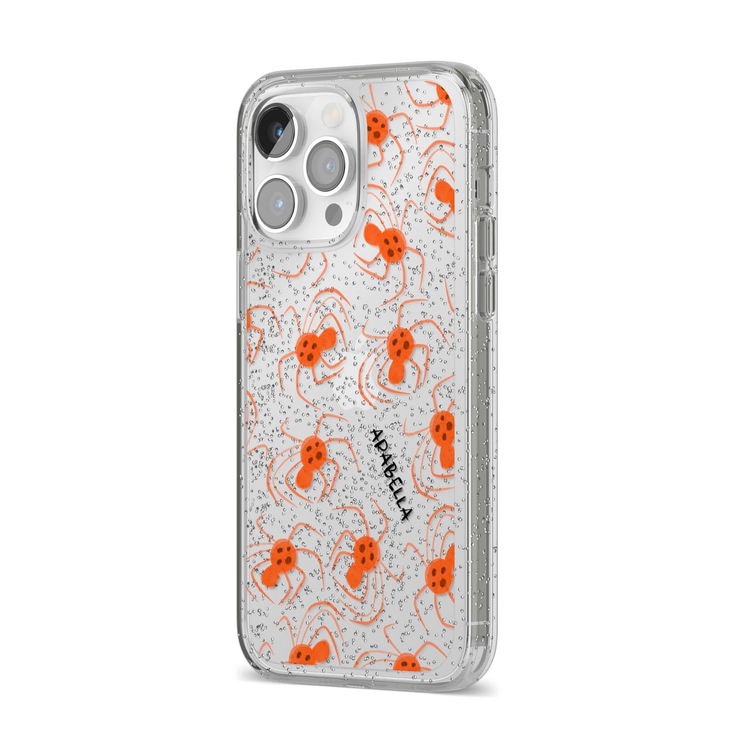 Orange Spiders Personalised iPhone 14 Pro Max Glitter Tough Case Silver Angled Image