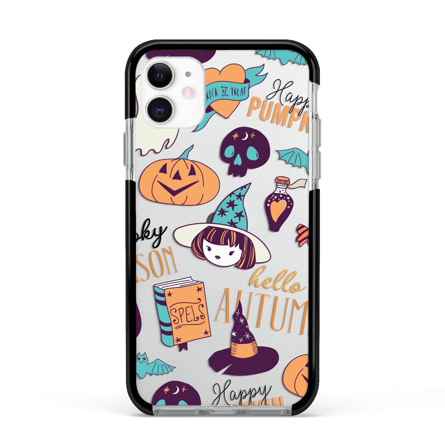 Orange and Blue Halloween Illustrations Apple iPhone 11 in White with Black Impact Case