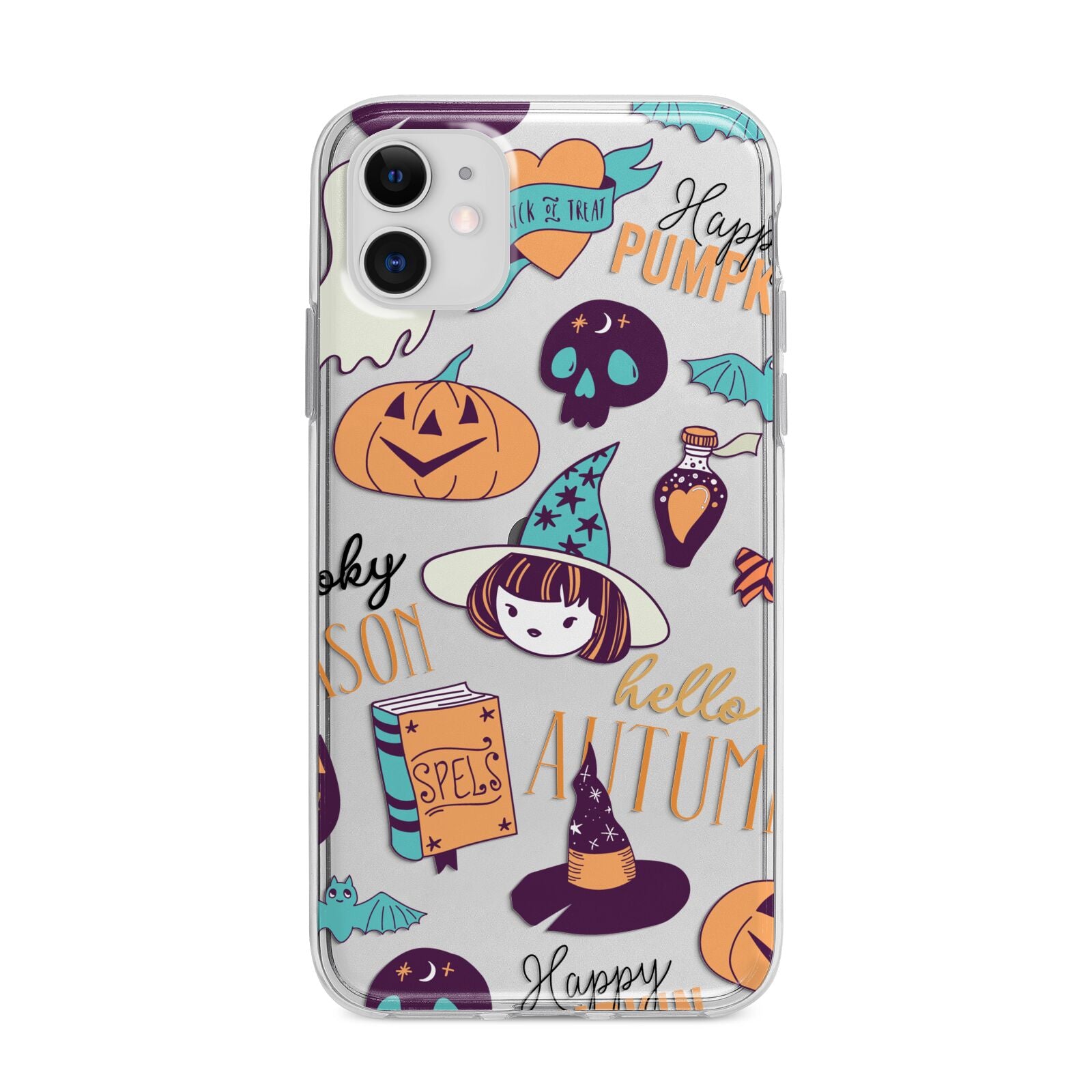 Orange and Blue Halloween Illustrations Apple iPhone 11 in White with Bumper Case