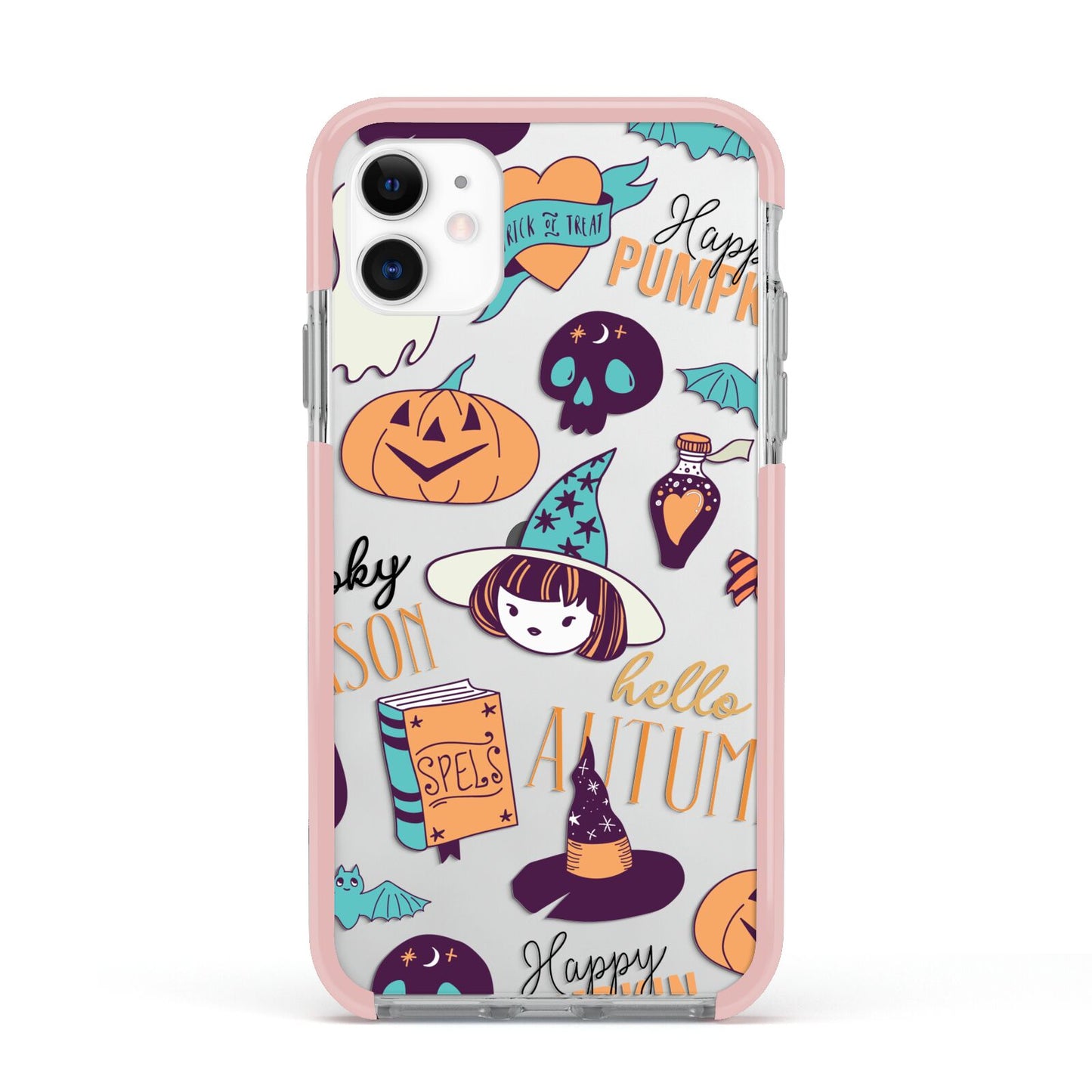 Orange and Blue Halloween Illustrations Apple iPhone 11 in White with Pink Impact Case