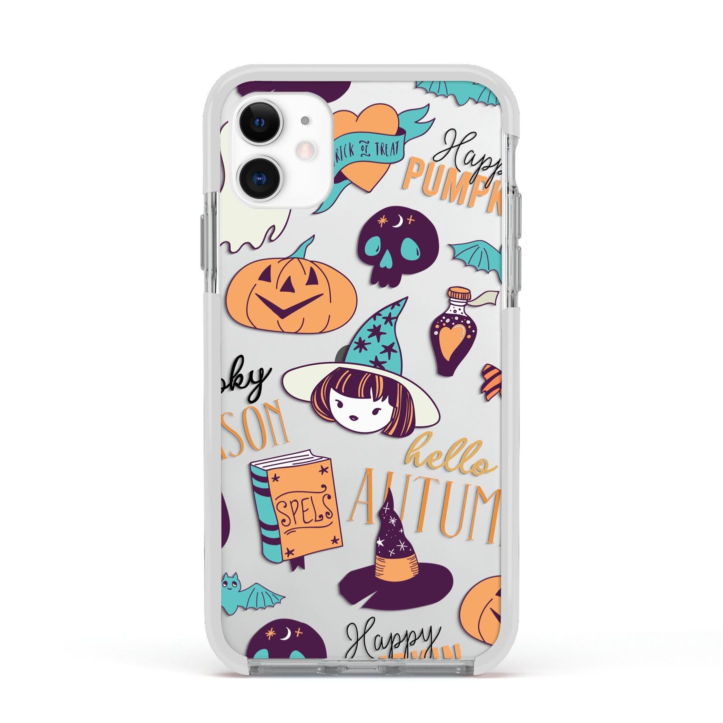 Orange and Blue Halloween Illustrations Apple iPhone 11 in White with White Impact Case