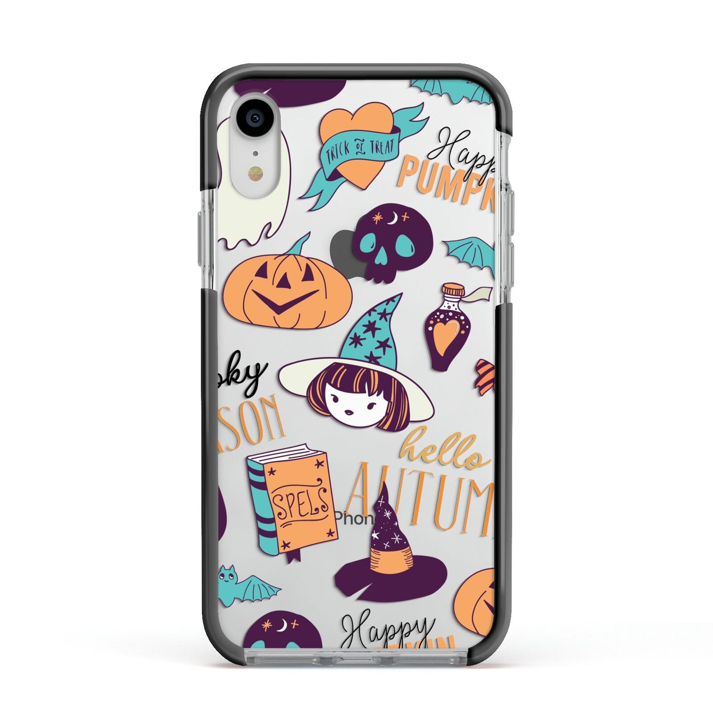 Orange and Blue Halloween Illustrations Apple iPhone XR Impact Case Black Edge on Silver Phone