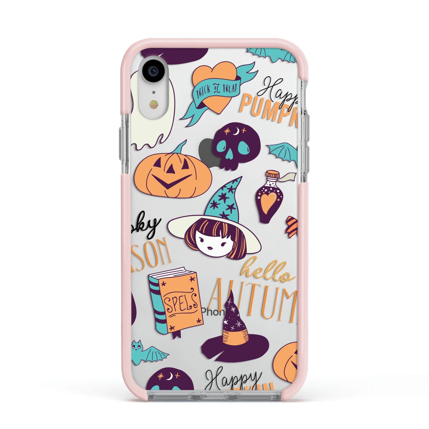 Orange and Blue Halloween Illustrations Apple iPhone XR Impact Case Pink Edge on Silver Phone