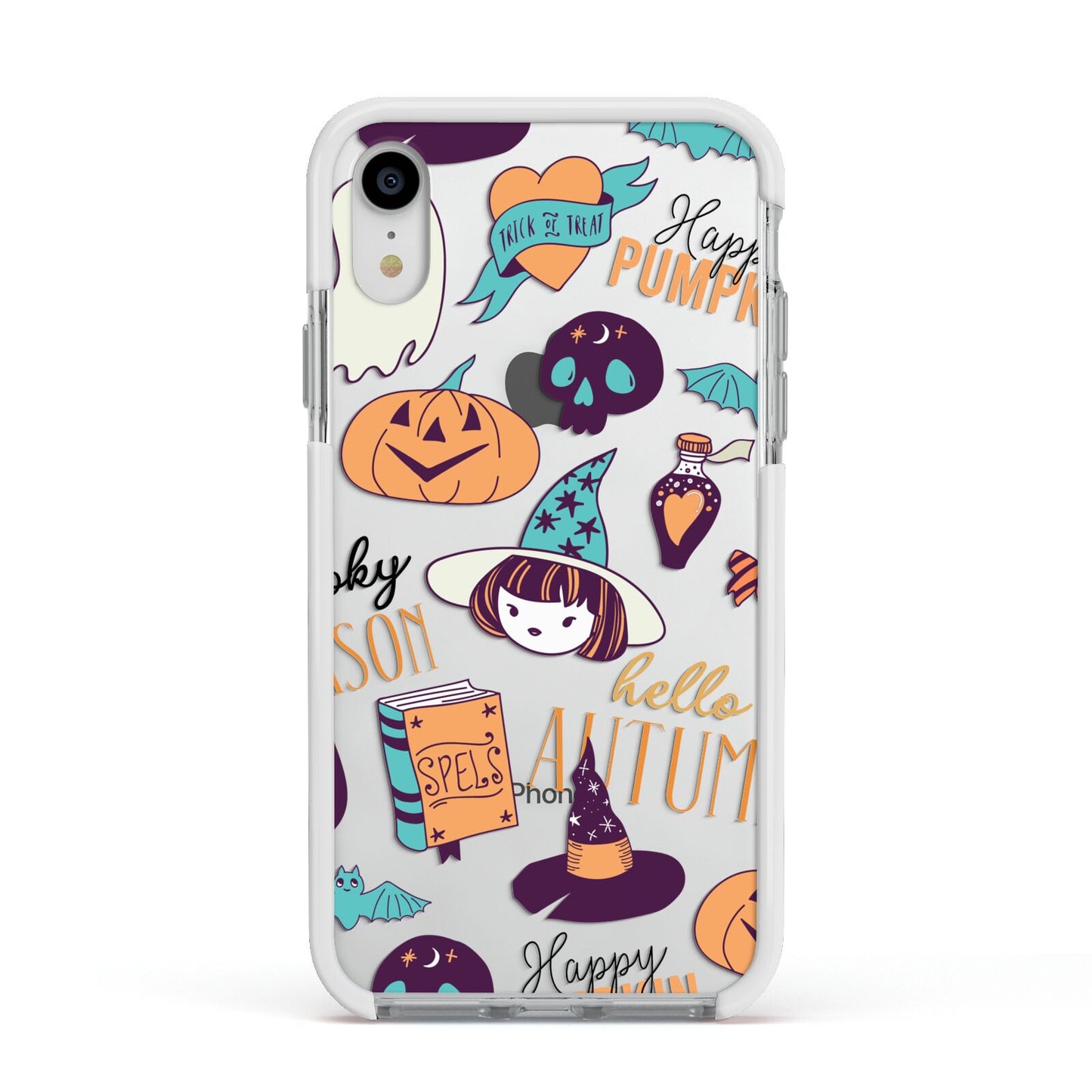 Orange and Blue Halloween Illustrations Apple iPhone XR Impact Case White Edge on Silver Phone