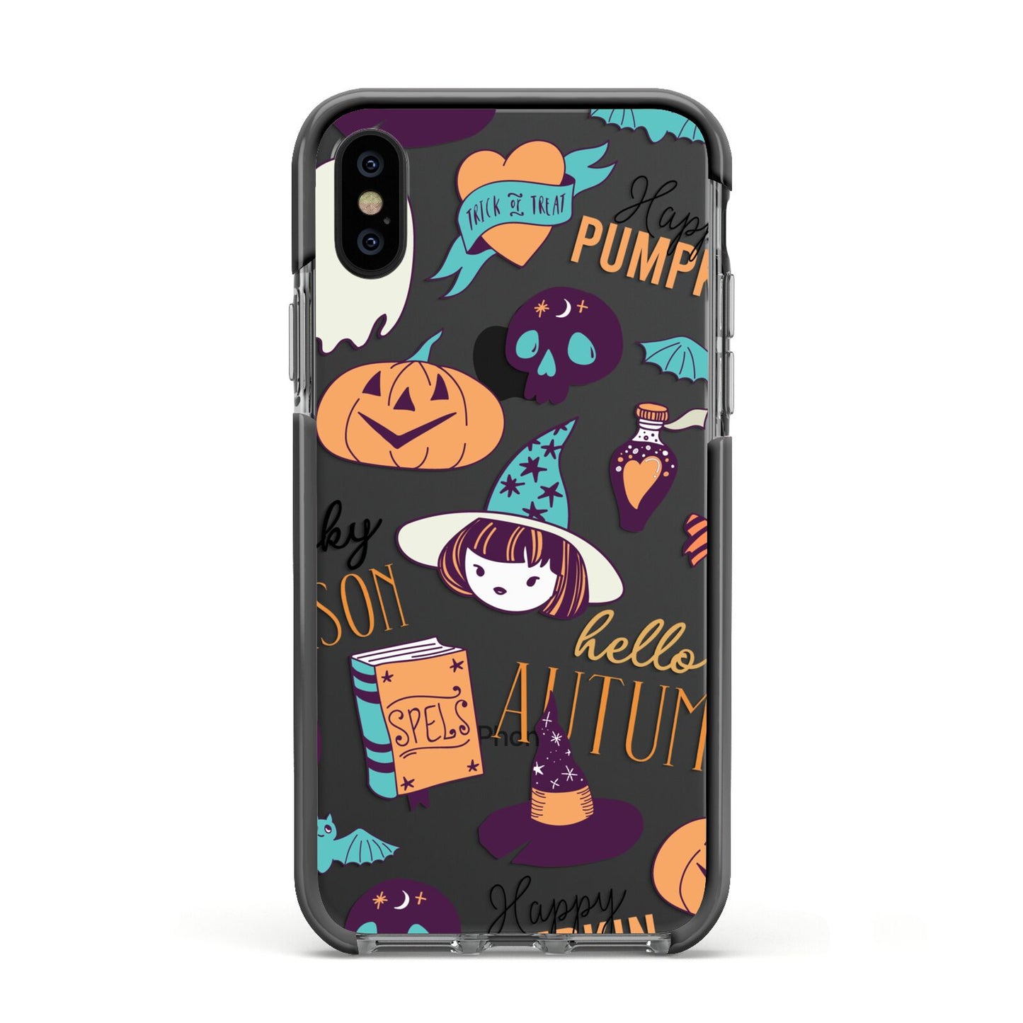 Orange and Blue Halloween Illustrations Apple iPhone Xs Impact Case Black Edge on Black Phone