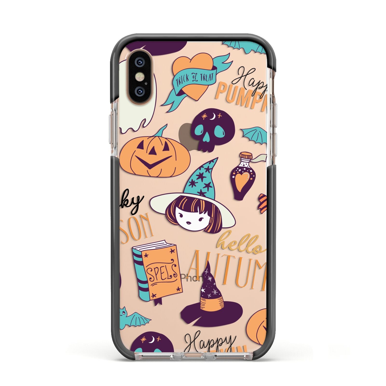 Orange and Blue Halloween Illustrations Apple iPhone Xs Impact Case Black Edge on Gold Phone