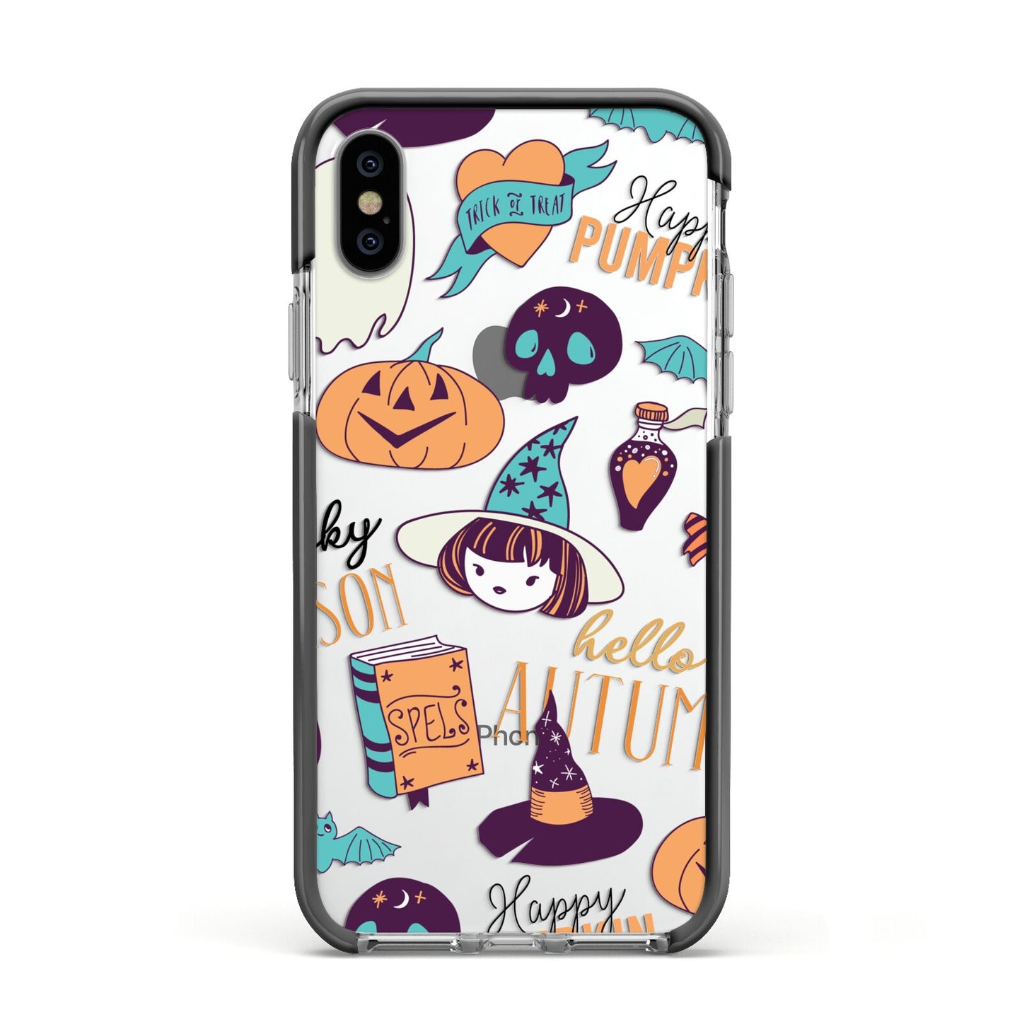 Orange and Blue Halloween Illustrations Apple iPhone Xs Impact Case Black Edge on Silver Phone