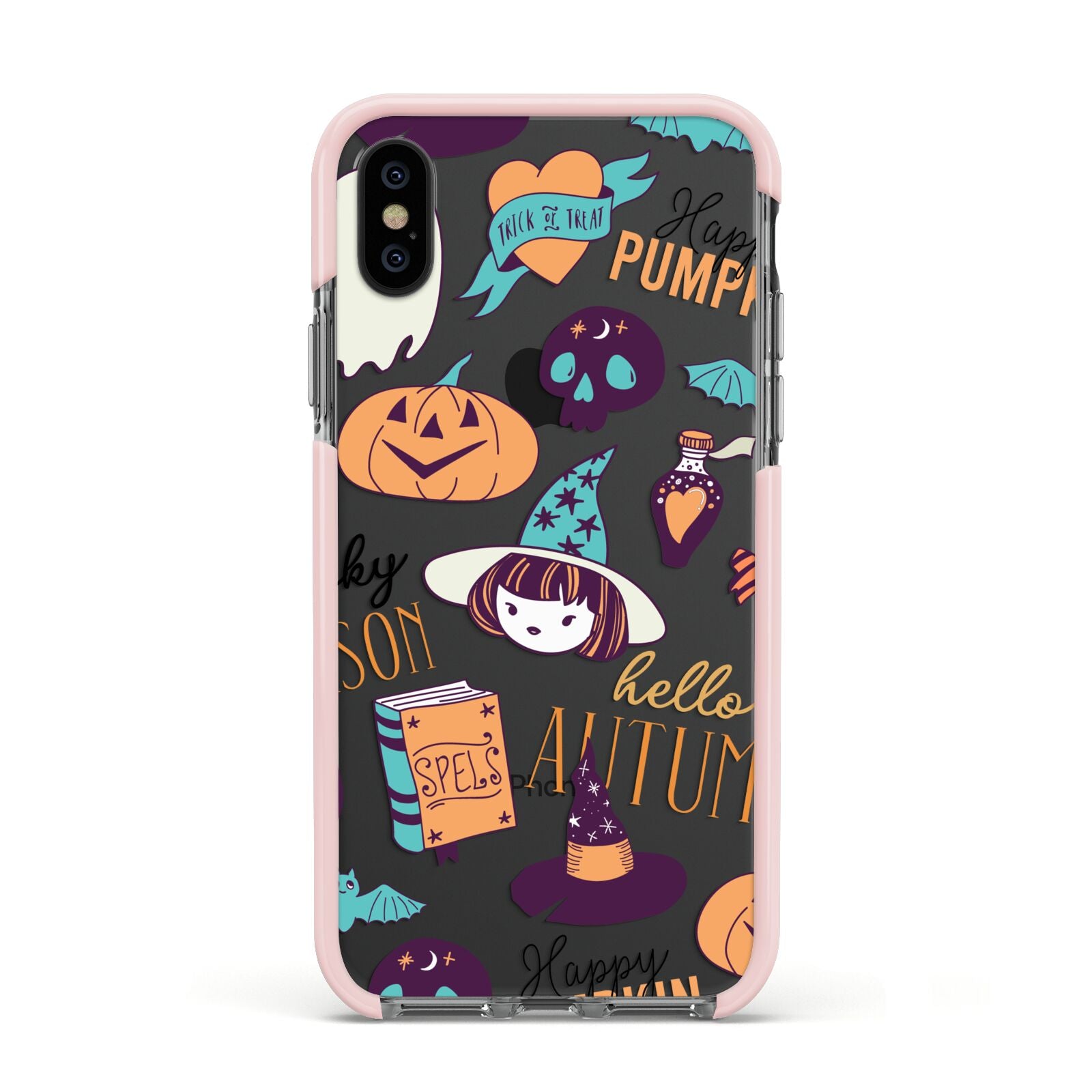 Orange and Blue Halloween Illustrations Apple iPhone Xs Impact Case Pink Edge on Black Phone