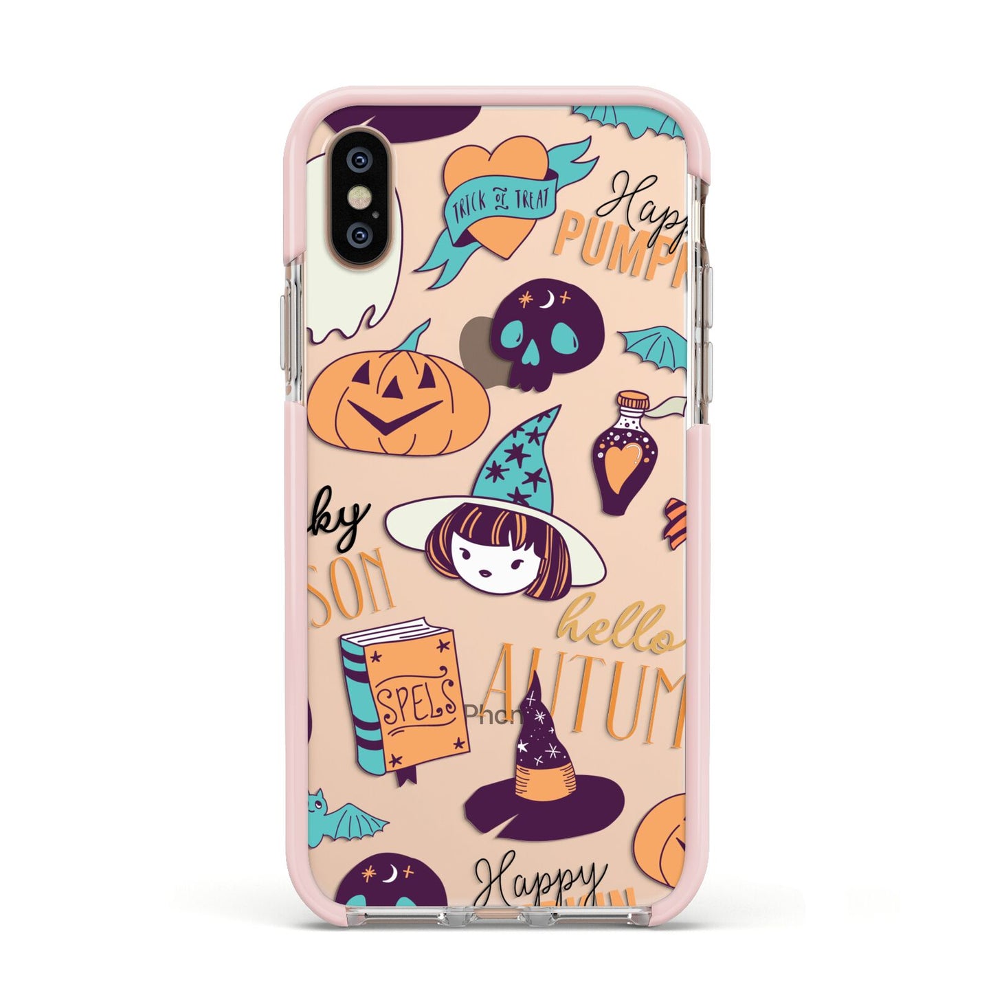 Orange and Blue Halloween Illustrations Apple iPhone Xs Impact Case Pink Edge on Gold Phone