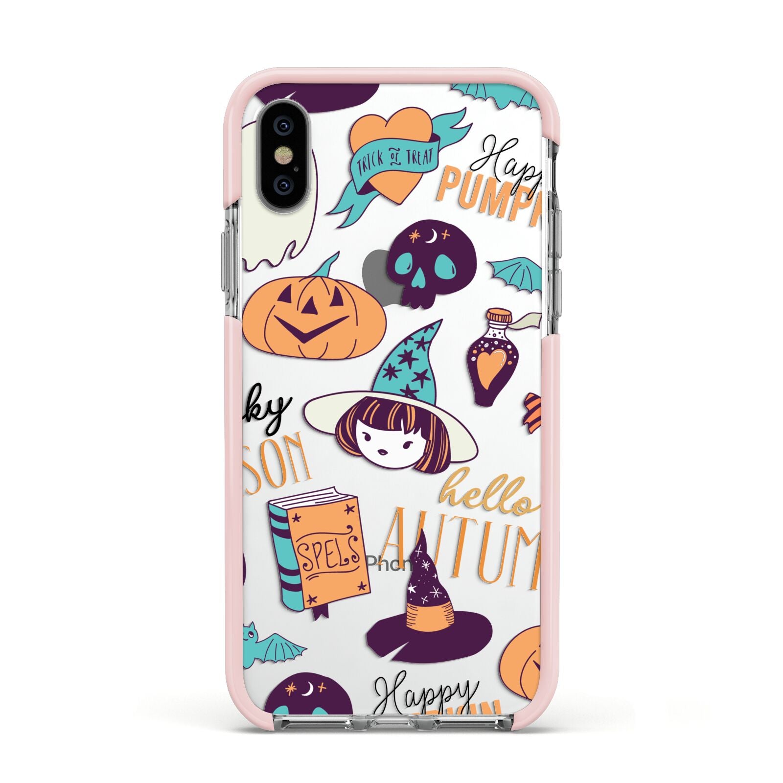 Orange and Blue Halloween Illustrations Apple iPhone Xs Impact Case Pink Edge on Silver Phone