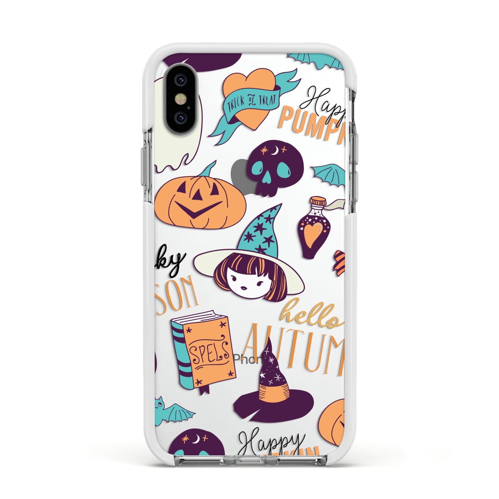 Orange and Blue Halloween Illustrations Apple iPhone Xs Impact Case White Edge on Silver Phone