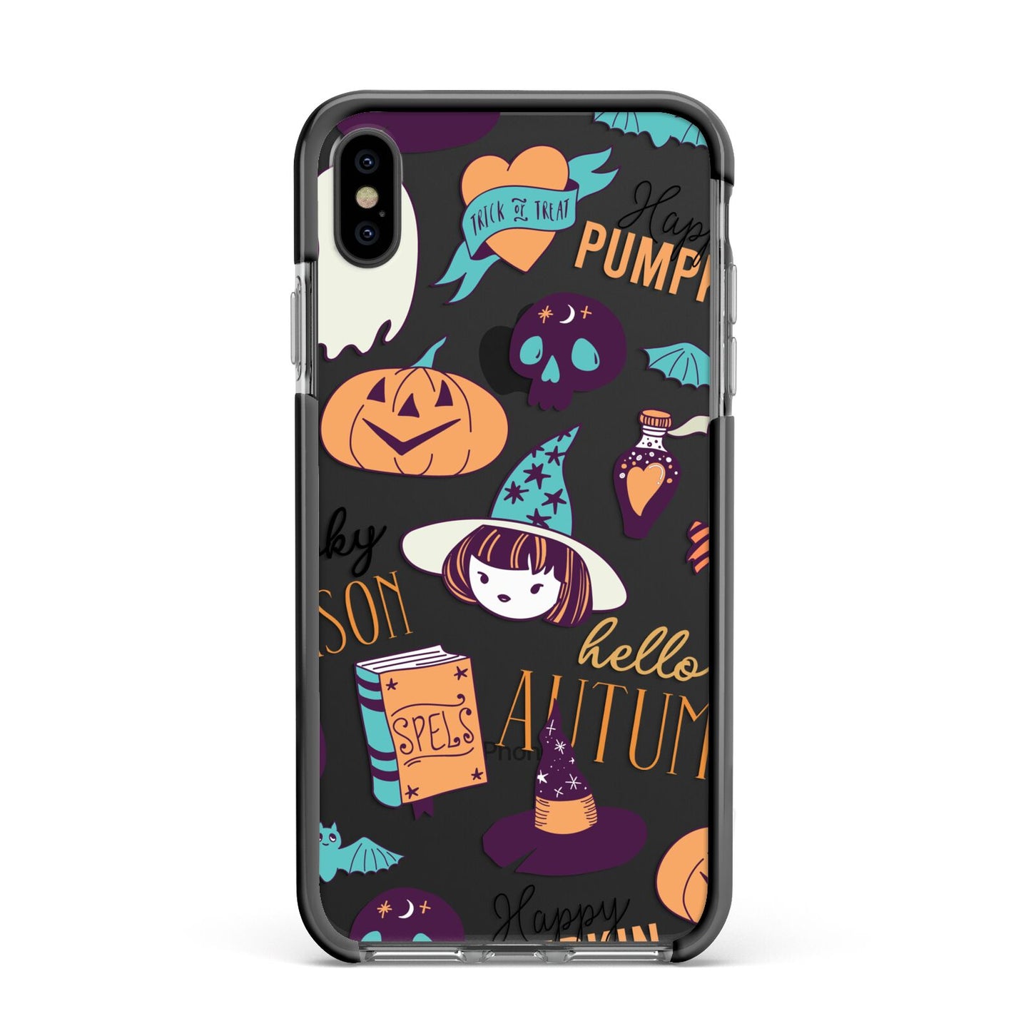 Orange and Blue Halloween Illustrations Apple iPhone Xs Max Impact Case Black Edge on Black Phone