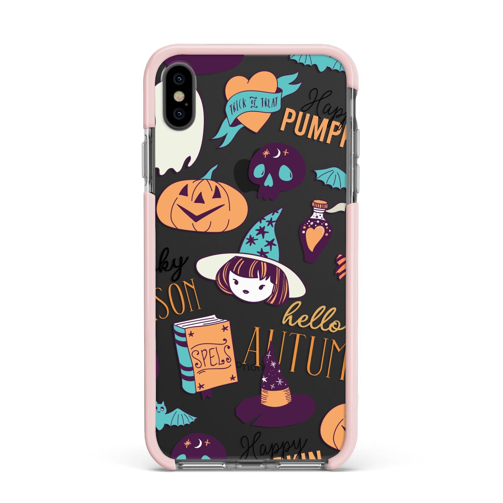 Orange and Blue Halloween Illustrations Apple iPhone Xs Max Impact Case Pink Edge on Black Phone