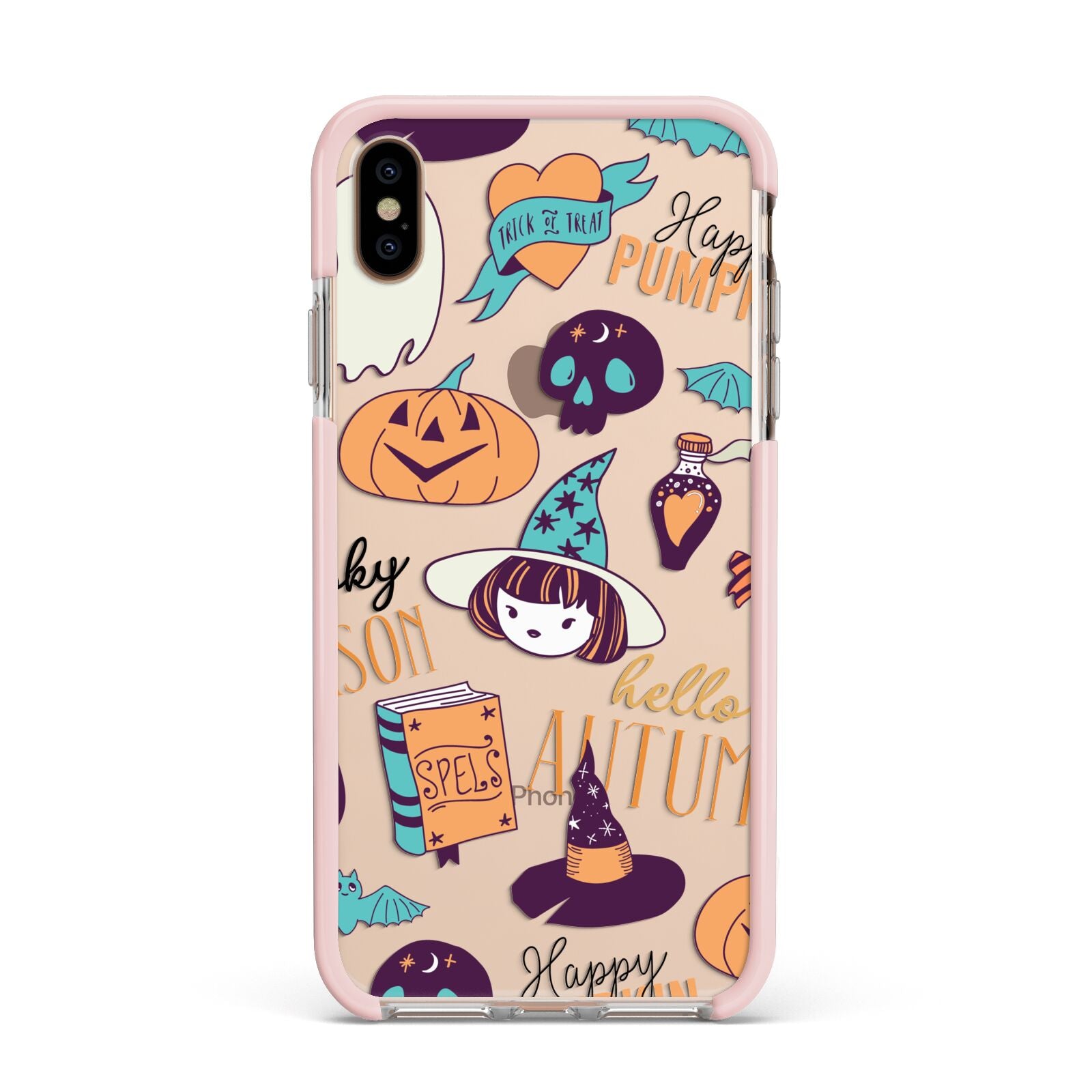 Orange and Blue Halloween Illustrations Apple iPhone Xs Max Impact Case Pink Edge on Gold Phone