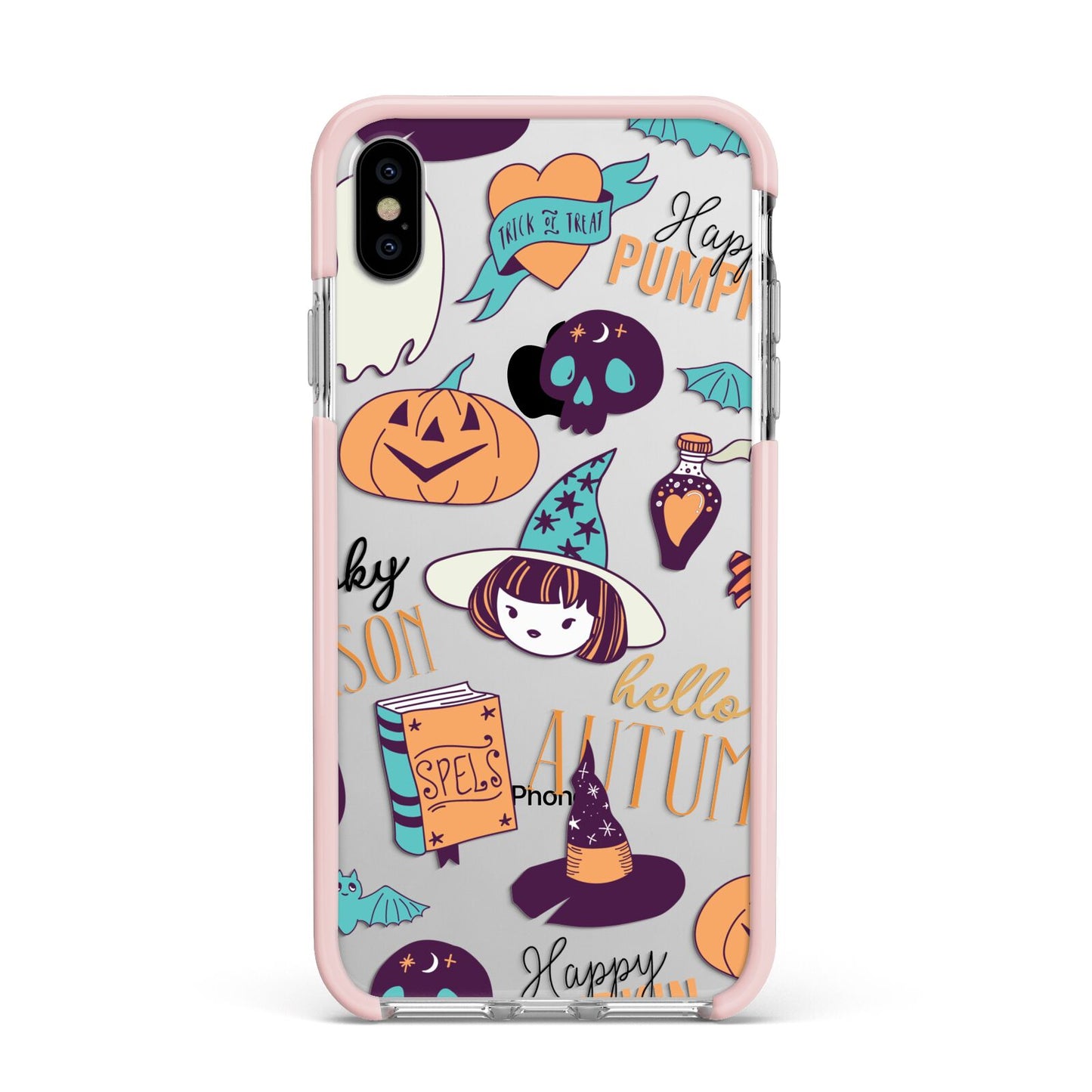 Orange and Blue Halloween Illustrations Apple iPhone Xs Max Impact Case Pink Edge on Silver Phone