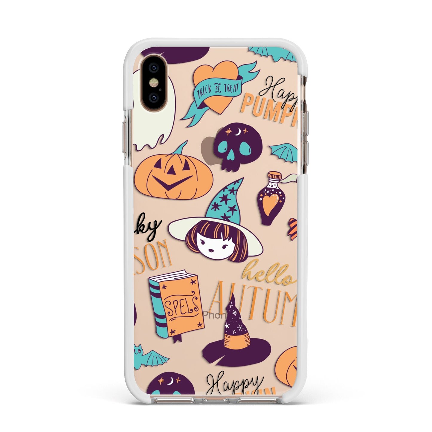 Orange and Blue Halloween Illustrations Apple iPhone Xs Max Impact Case White Edge on Gold Phone