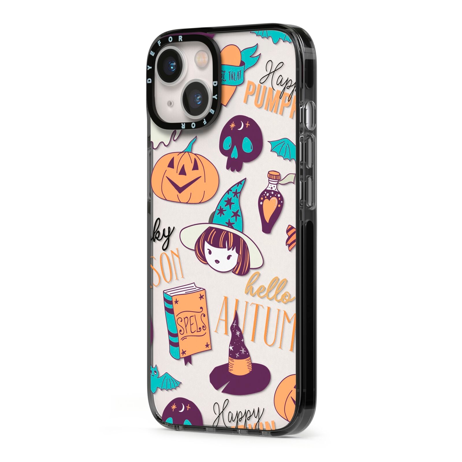 Orange and Blue Halloween Illustrations iPhone 13 Black Impact Case Side Angle on Silver phone