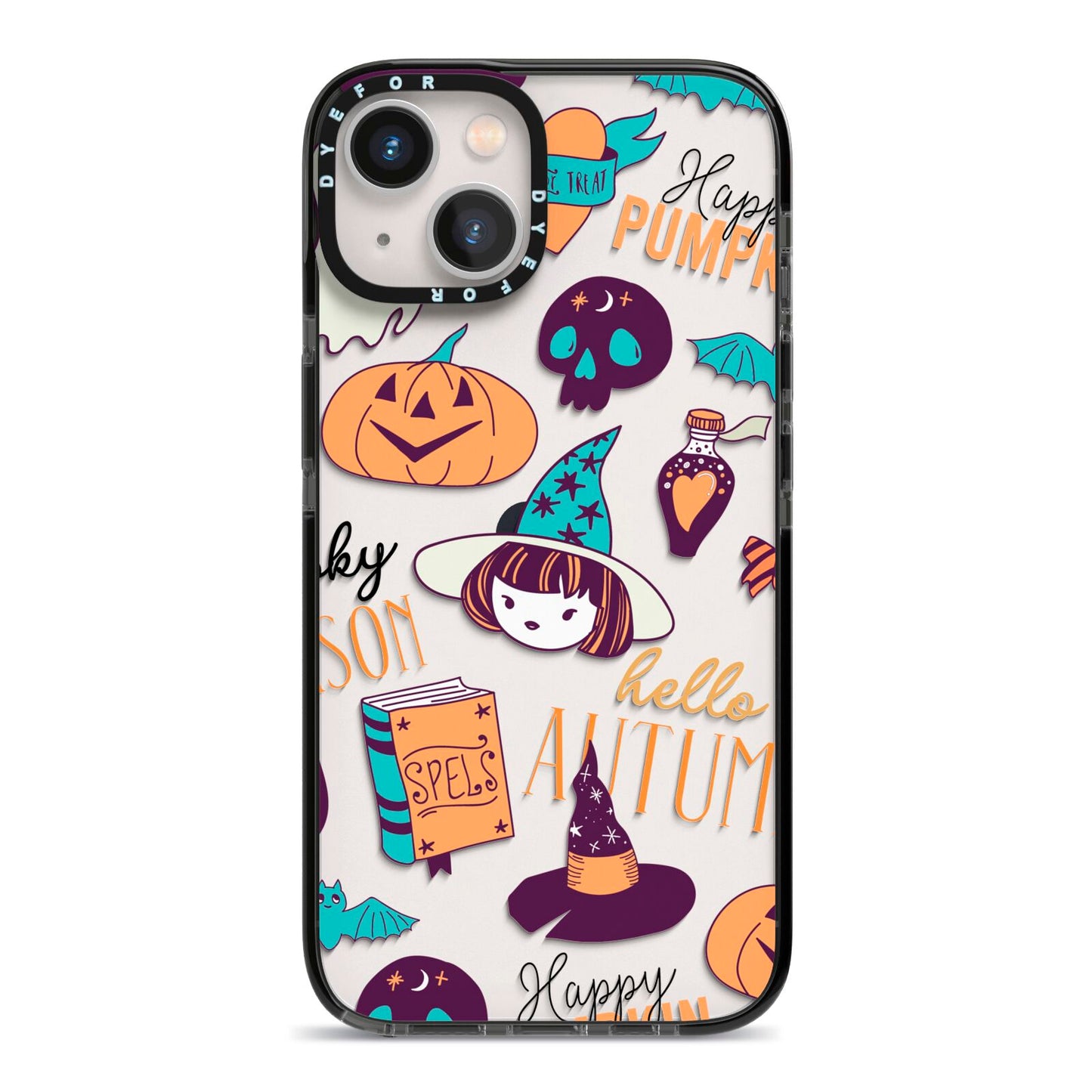 Orange and Blue Halloween Illustrations iPhone 13 Black Impact Case on Silver phone